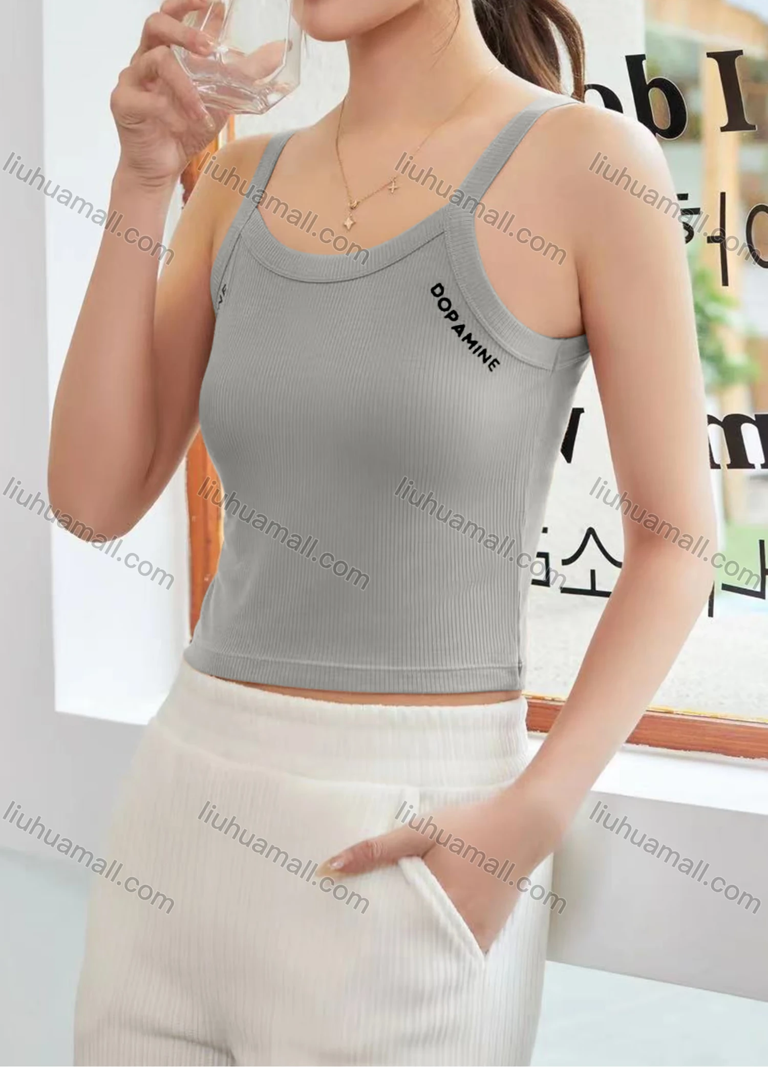 Wholesale Women's Casual Plain Letter Scoop Neck Crop Cami Top B089# - Liuhuamall