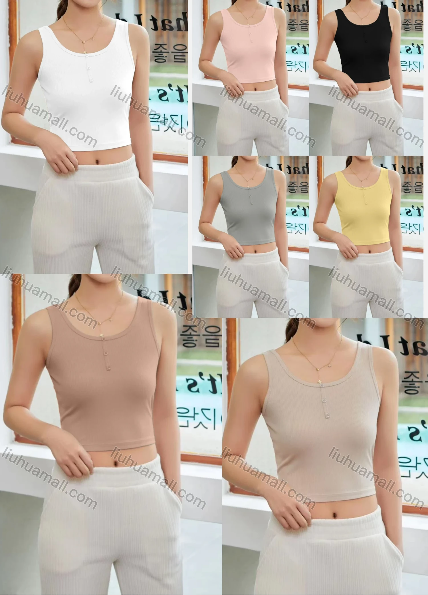 Wholesale Women's Casual Plain Scoop Neck Button Front Crop Tank Top B063# - Liuhuamall