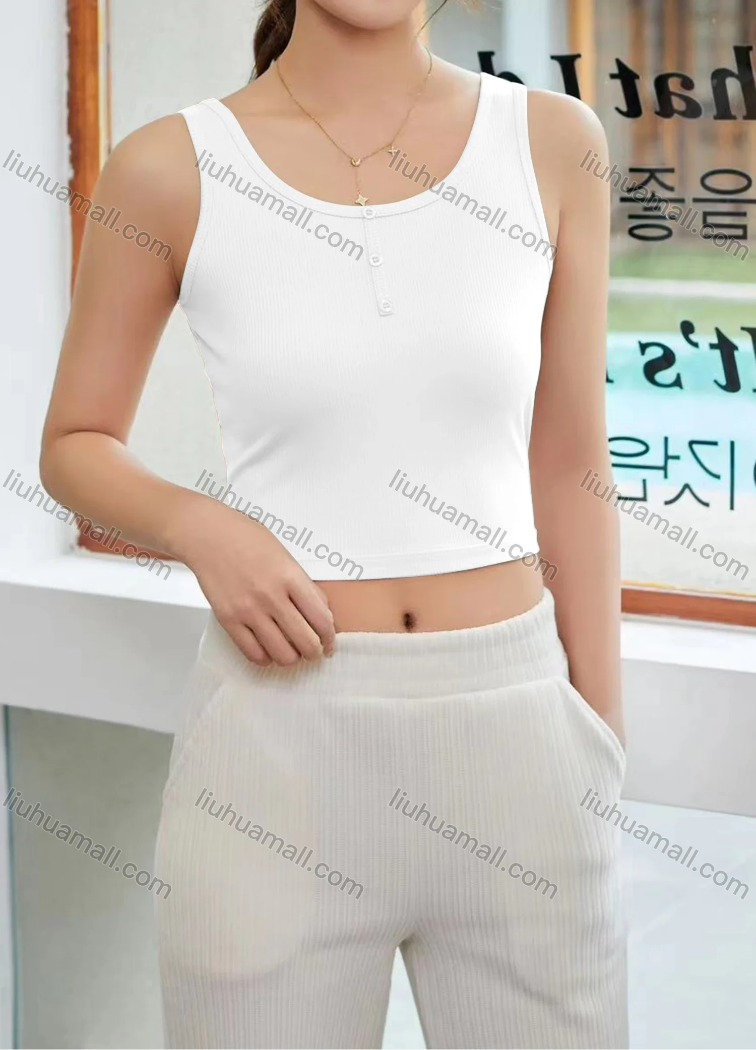 Wholesale Women's Casual Plain Scoop Neck Button Front Crop Tank Top B063# - Liuhuamall