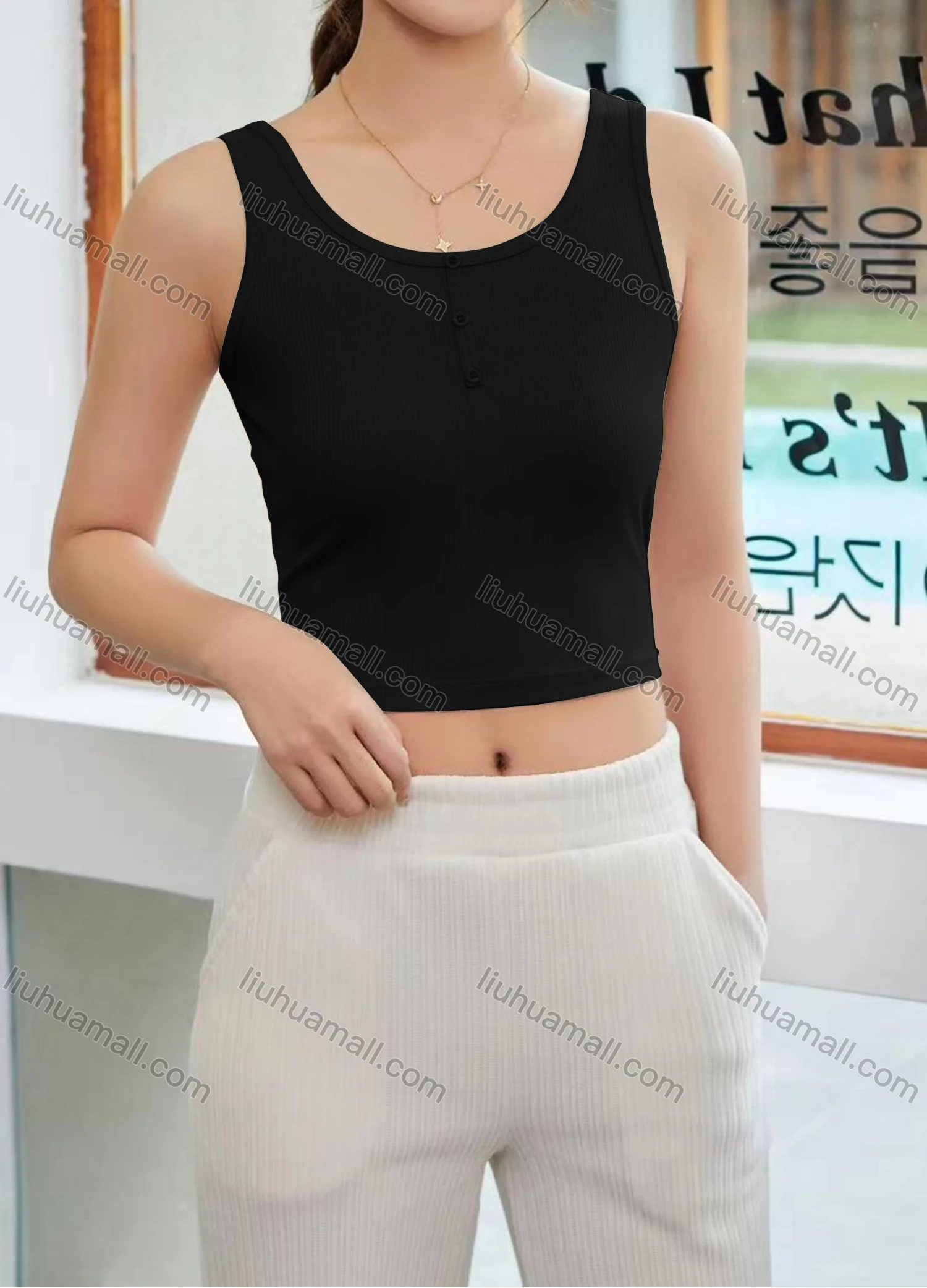 Wholesale Women's Casual Plain Scoop Neck Button Front Crop Tank Top B063# - Liuhuamall