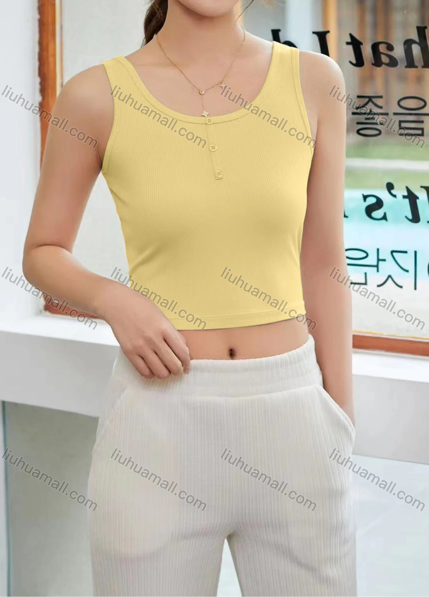 Wholesale Women's Casual Plain Scoop Neck Button Front Crop Tank Top B063# - Liuhuamall