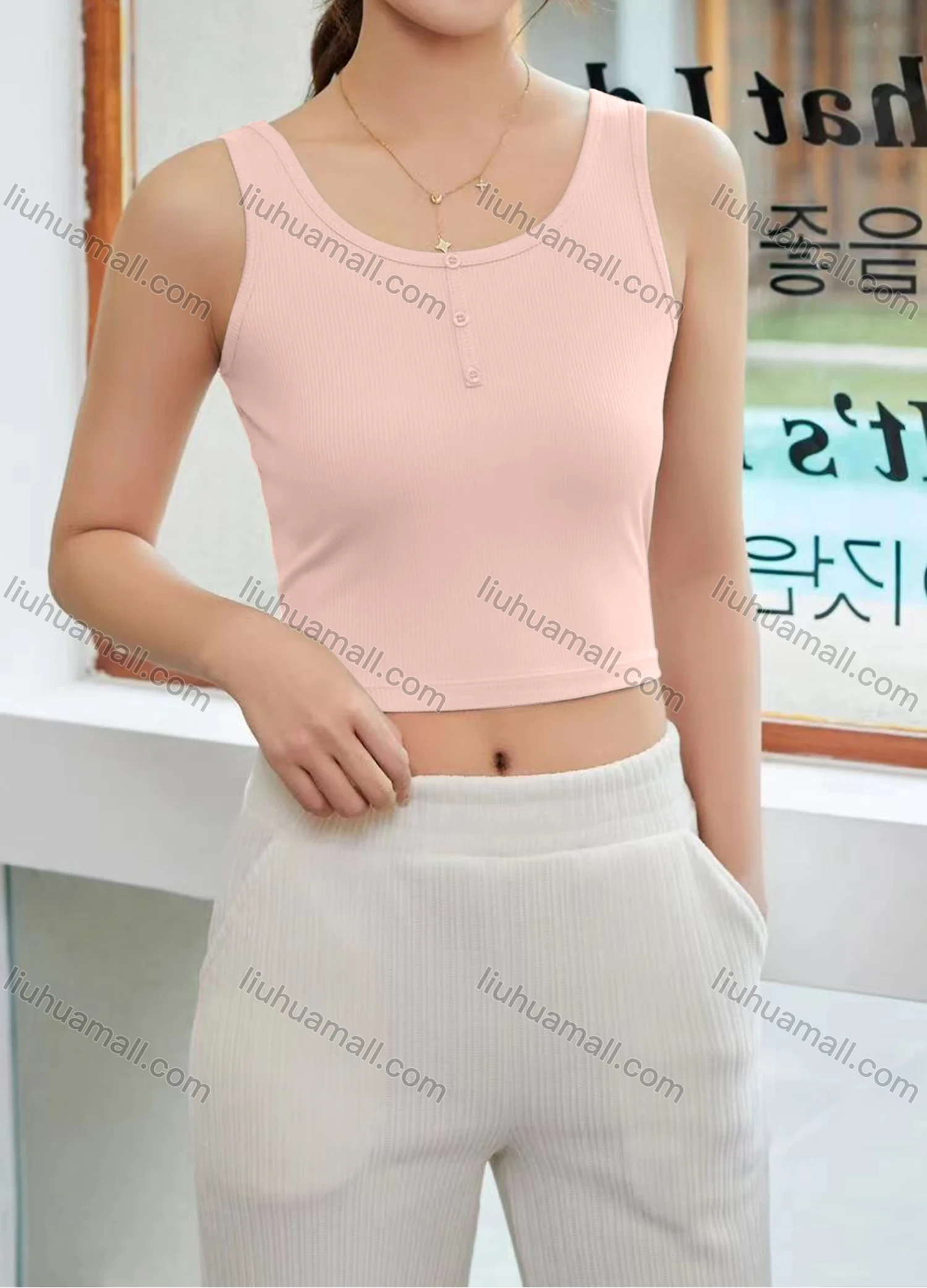 Wholesale Women's Casual Plain Scoop Neck Button Front Crop Tank Top B063# - Liuhuamall