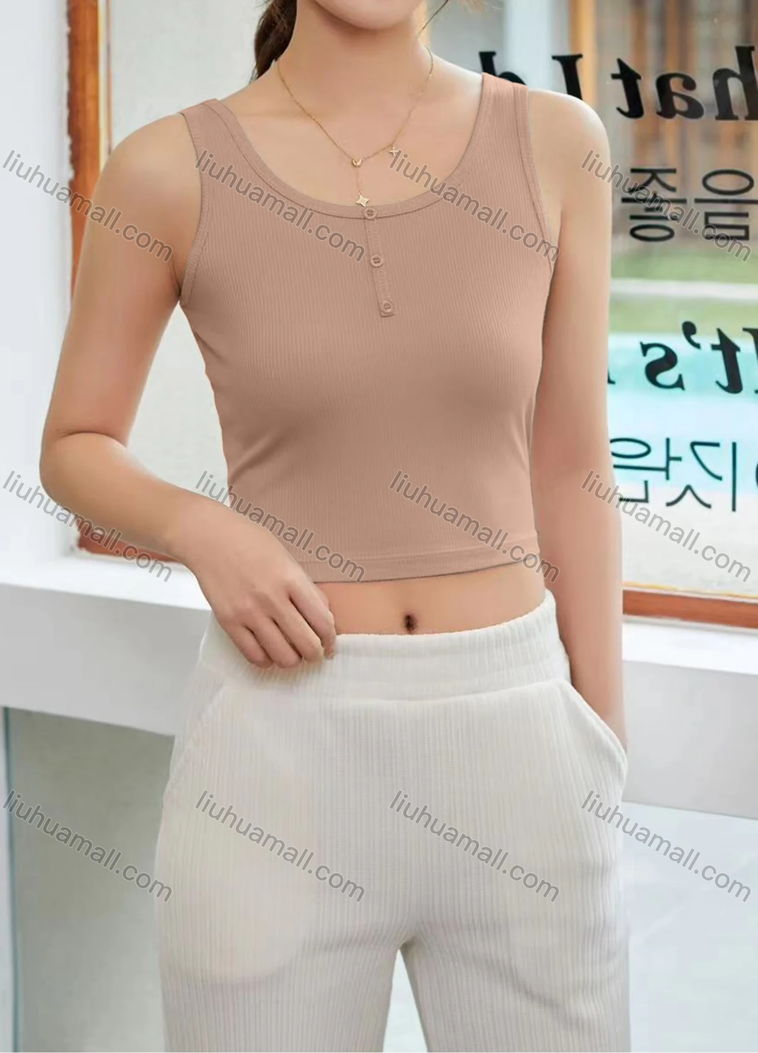 Wholesale Women's Casual Plain Scoop Neck Button Front Crop Tank Top B063# - Liuhuamall