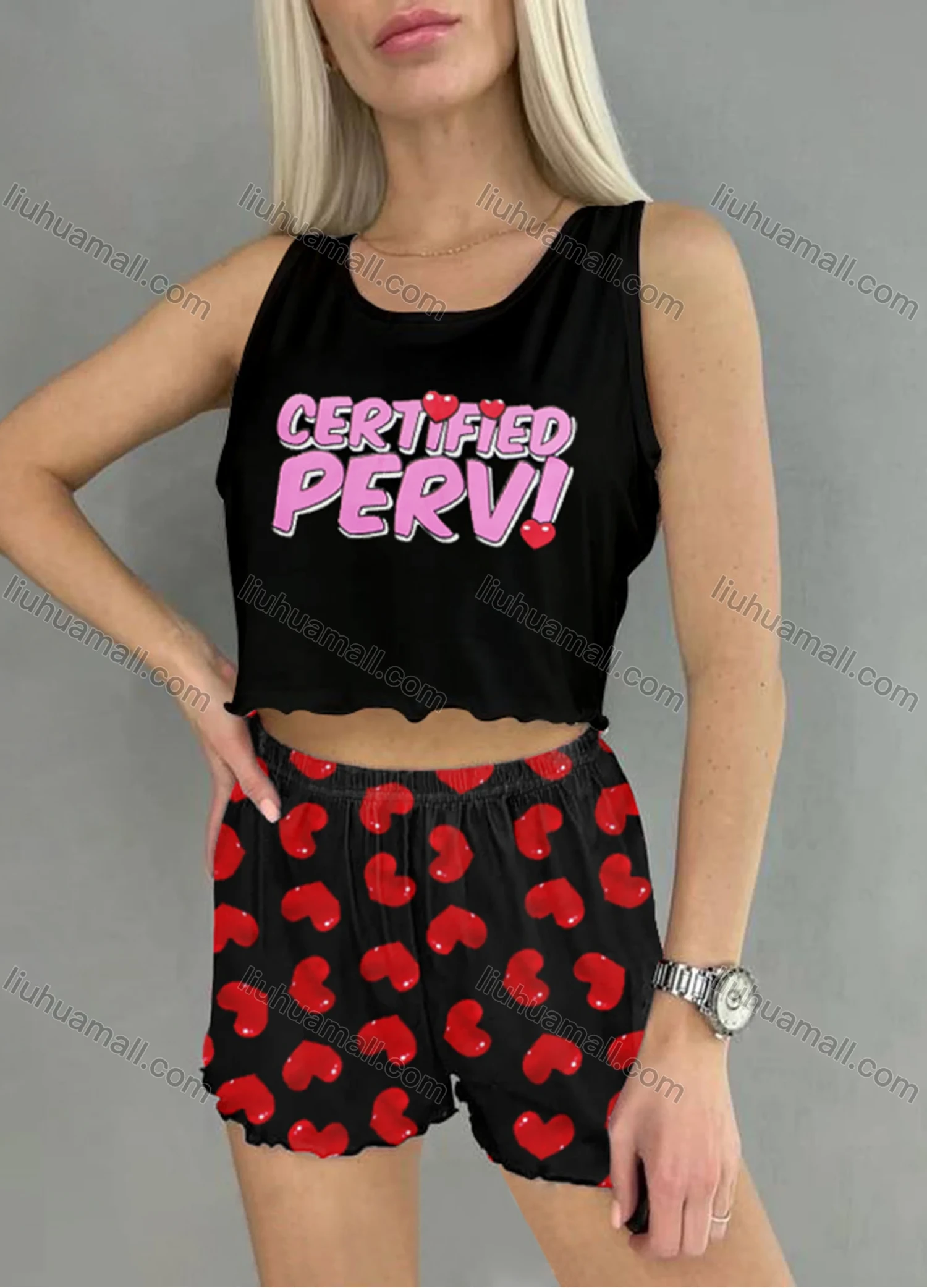 Wholesale Women's Graphic Ruffle Trim Crop Cami Top & High Waist Allover Print Shorts 2 Piece Pajamas Lounge Set 75101# - Liuhuamall