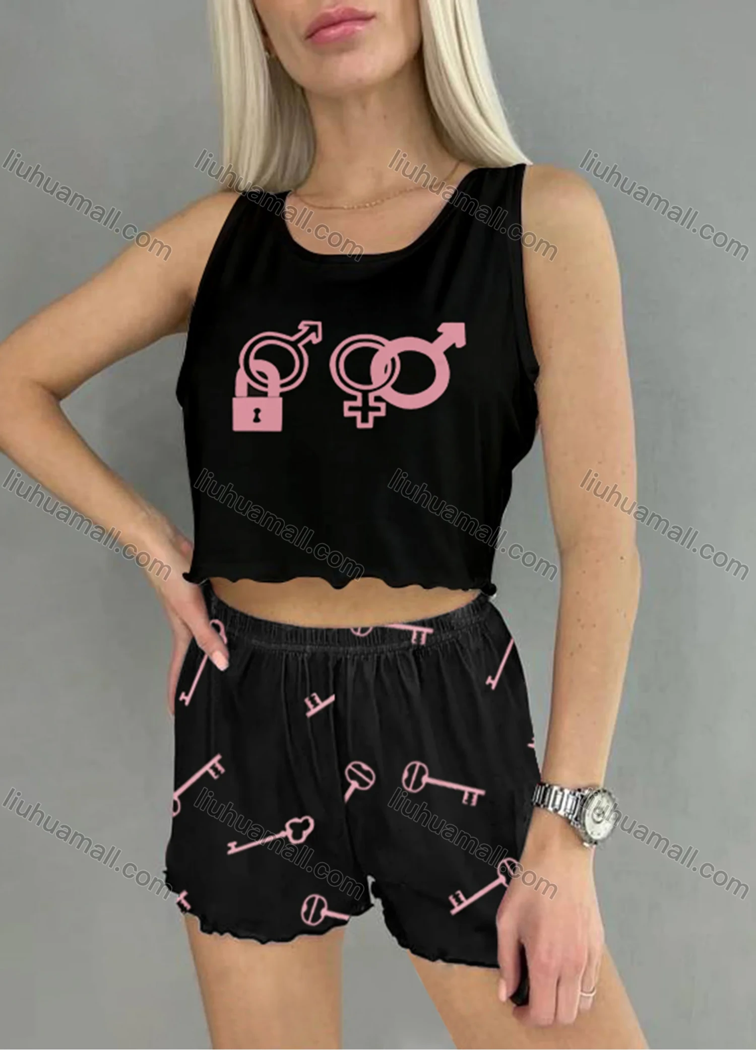 Wholesale Women's Graphic Ruffle Trim Crop Cami Top & High Waist Allover Print Shorts 2 Piece Pajamas Lounge Set 75101# - Liuhuamall