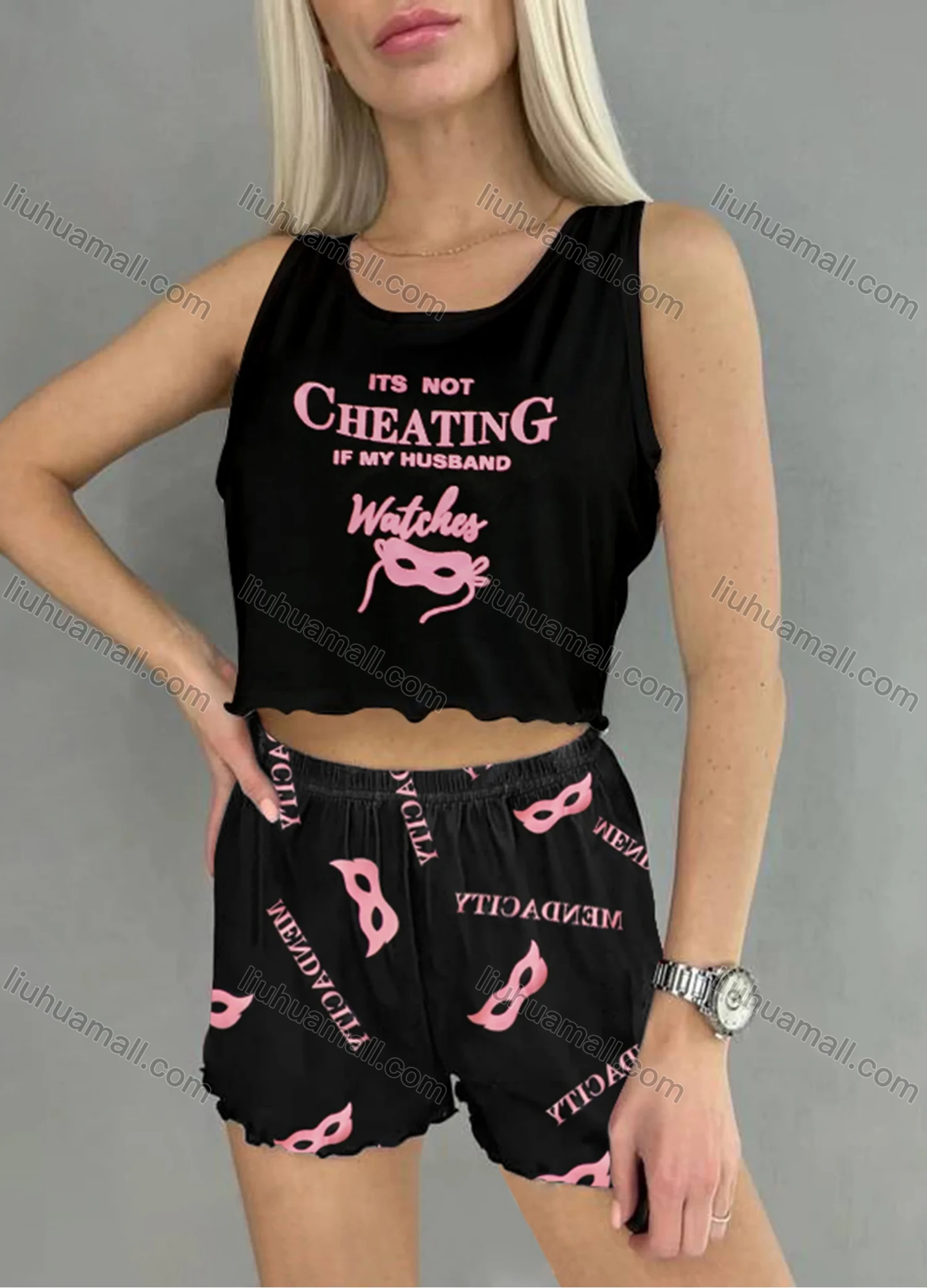 Wholesale Women's Graphic Ruffle Trim Crop Cami Top & High Waist Allover Print Shorts 2 Piece Pajamas Lounge Set 75101# - Liuhuamall