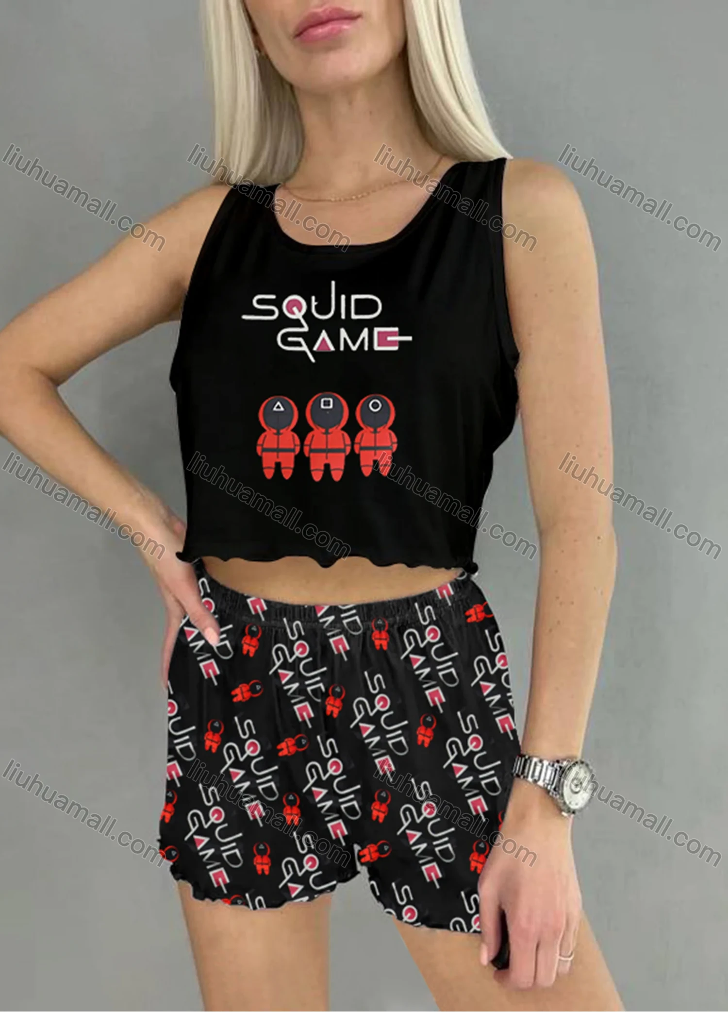 Wholesale Women's Graphic Ruffle Trim Crop Cami Top & High Waist Allover Print Shorts 2 Piece Pajamas Lounge Set 75101# - Liuhuamall