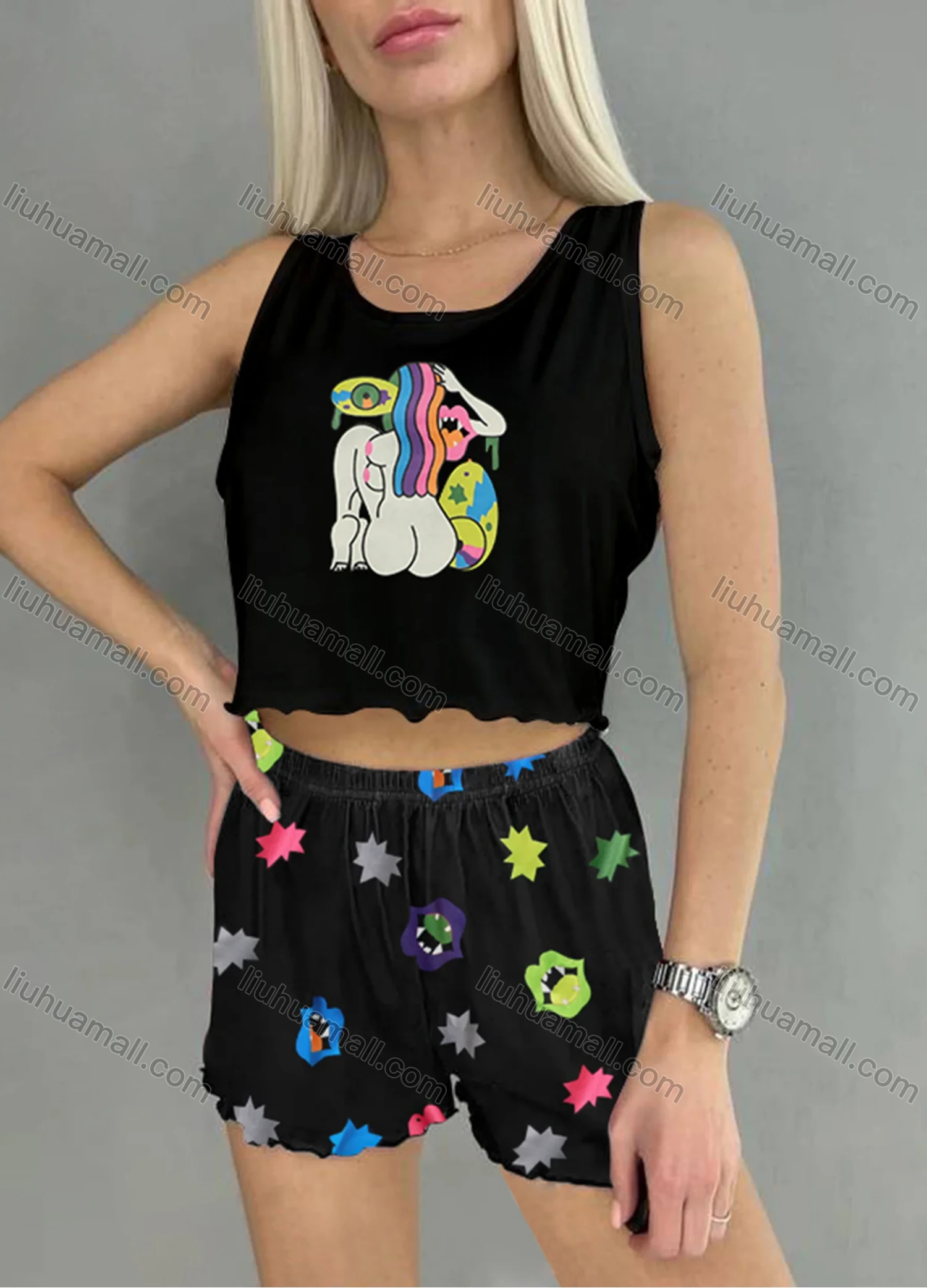 Wholesale Women's Graphic Ruffle Trim Crop Cami Top & High Waist Allover Print Shorts 2 Piece Pajamas Lounge Set 75101# - Liuhuamall