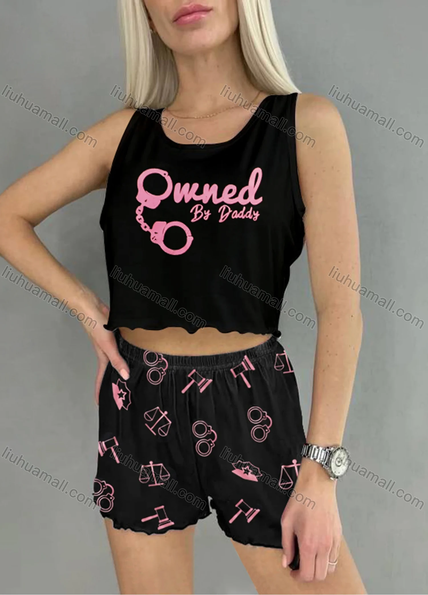 Wholesale Women's Graphic Ruffle Trim Crop Cami Top & High Waist Allover Print Shorts 2 Piece Pajamas Lounge Set 75101# - Liuhuamall