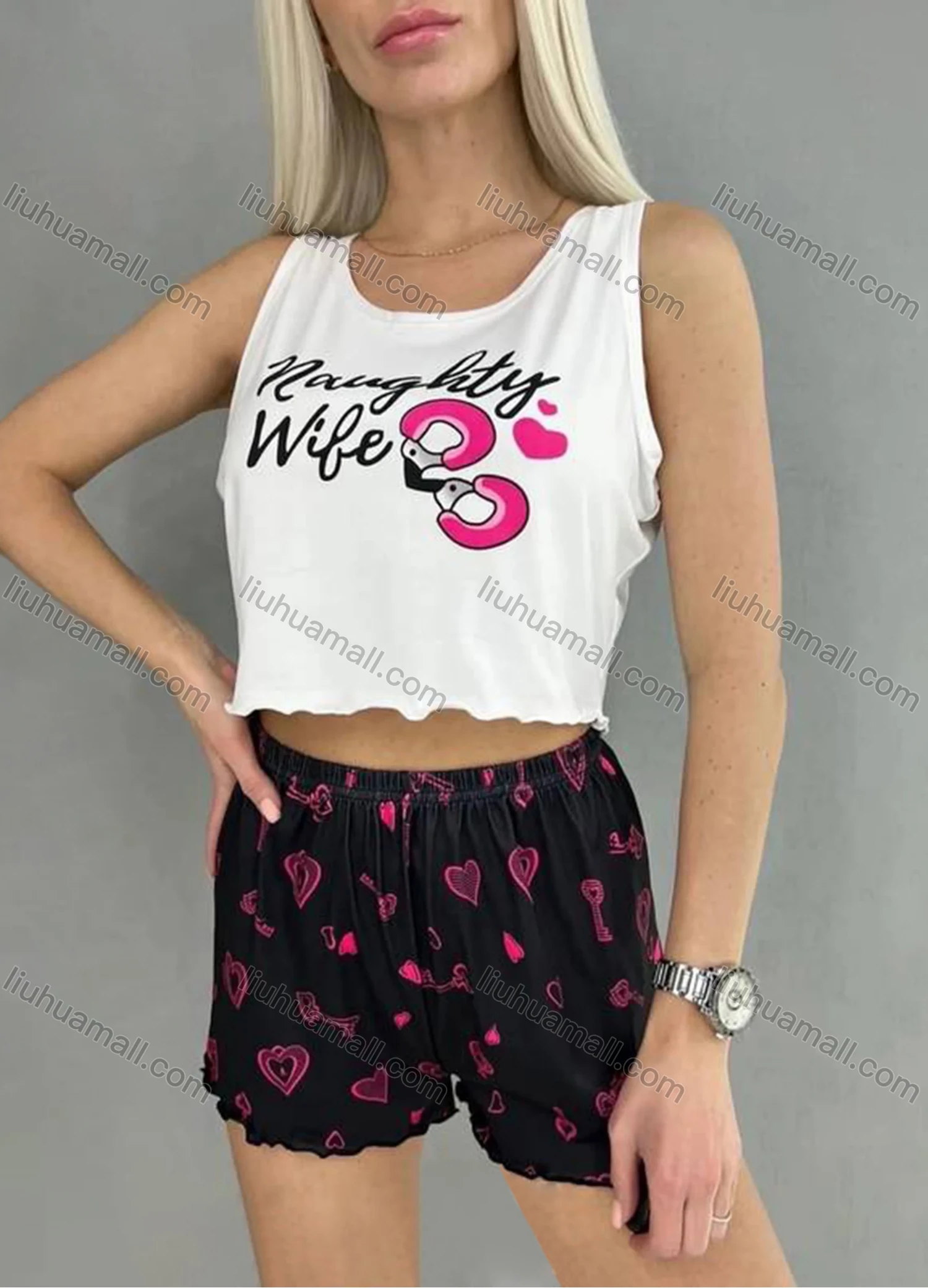 Wholesale Women's Graphic Ruffle Trim Crop Cami Top & High Waist Allover Print Shorts 2 Piece Pajamas Lounge Set 75101# - Liuhuamall