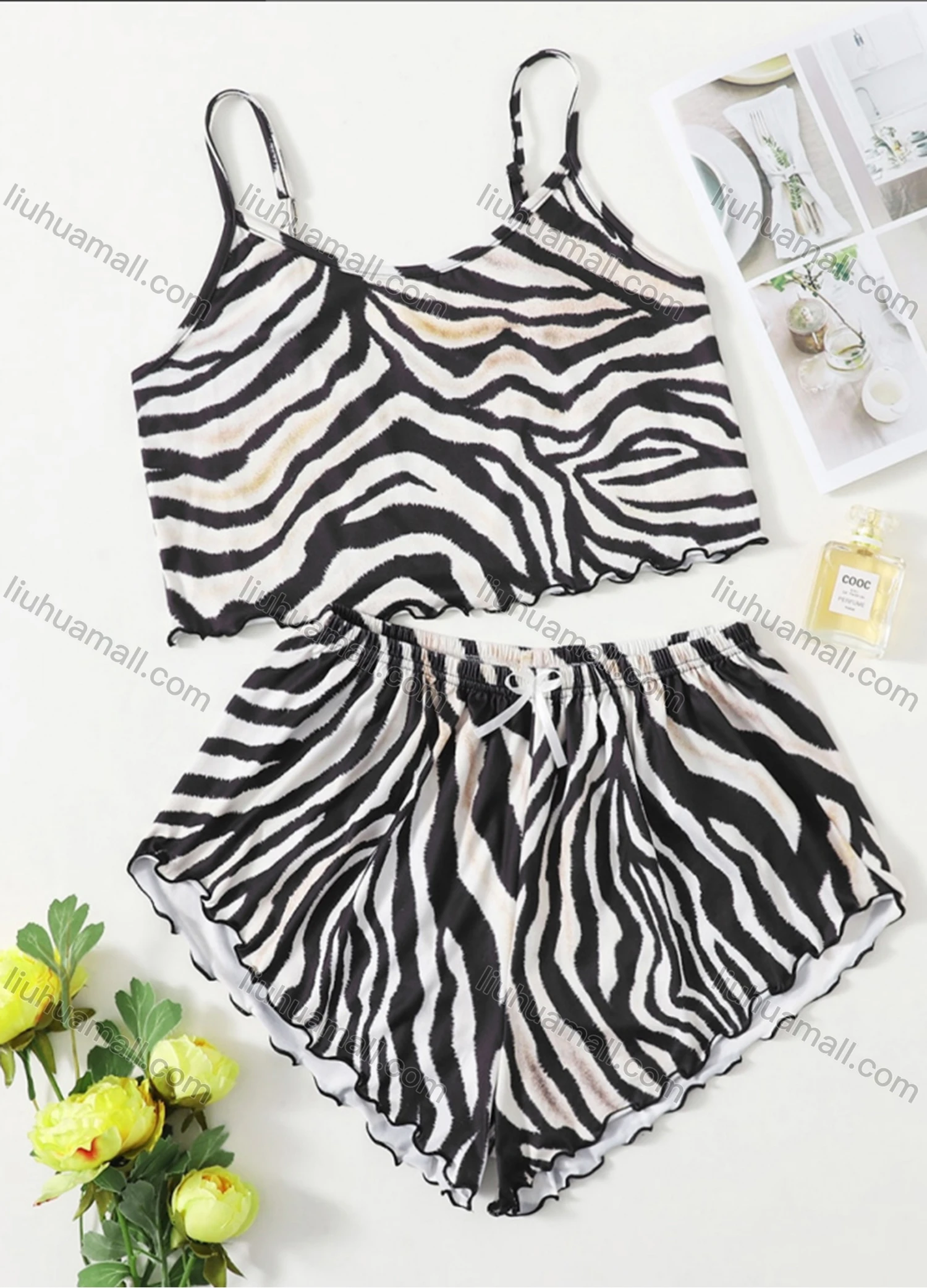 Wholesale Women's Zebra Print Ruffle Trim Crop Cami Top & Zebra Print Shorts 2 Piece Pajamas Lounge Set 66003# - Liuhuamall