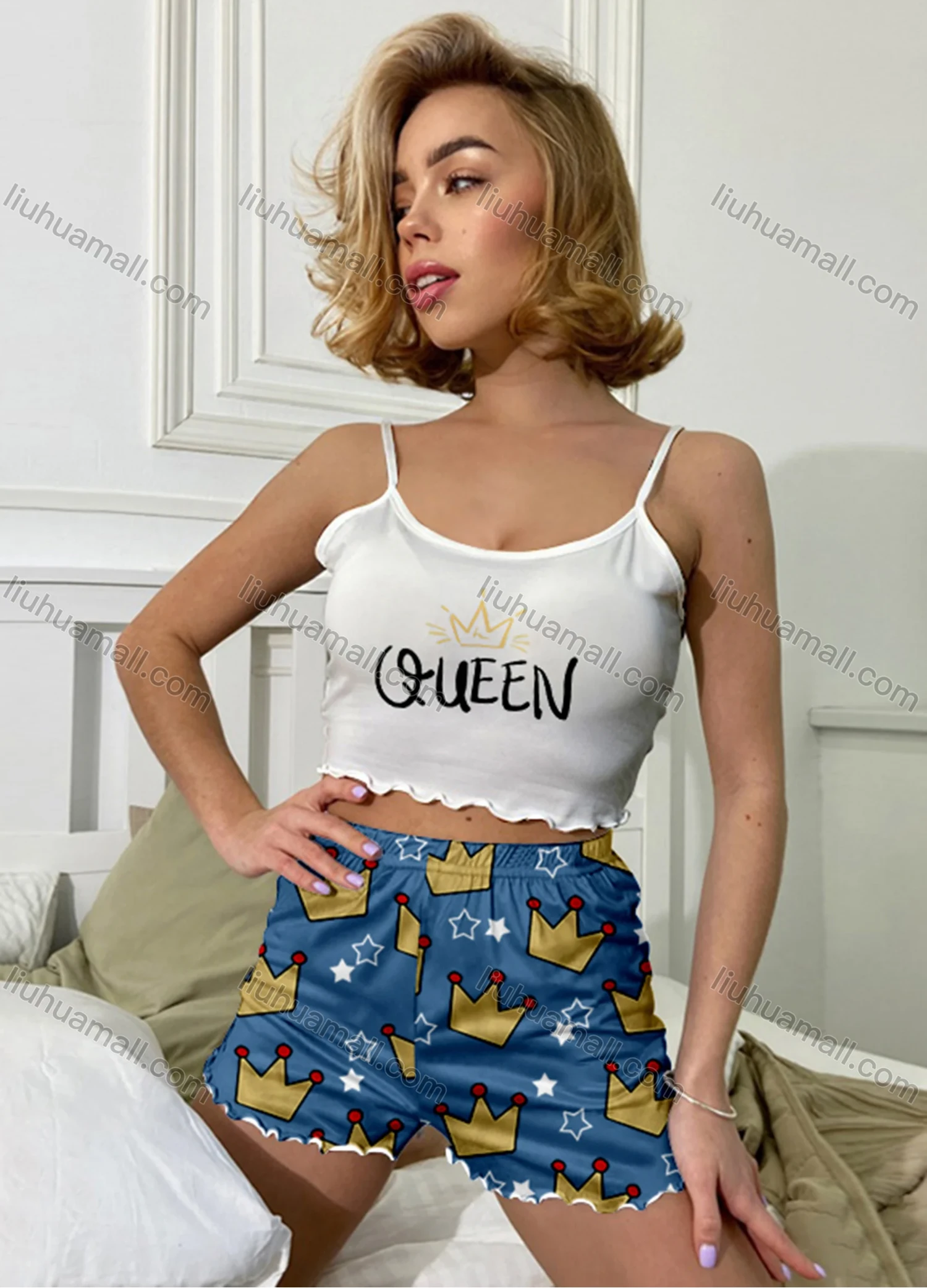 Wholesale Women's Graphic Ruffle Trim Crop Cami Top & High Waist Allover Print Shorts 2 Piece Pajamas Lounge Set 60102# - Liuhuamall