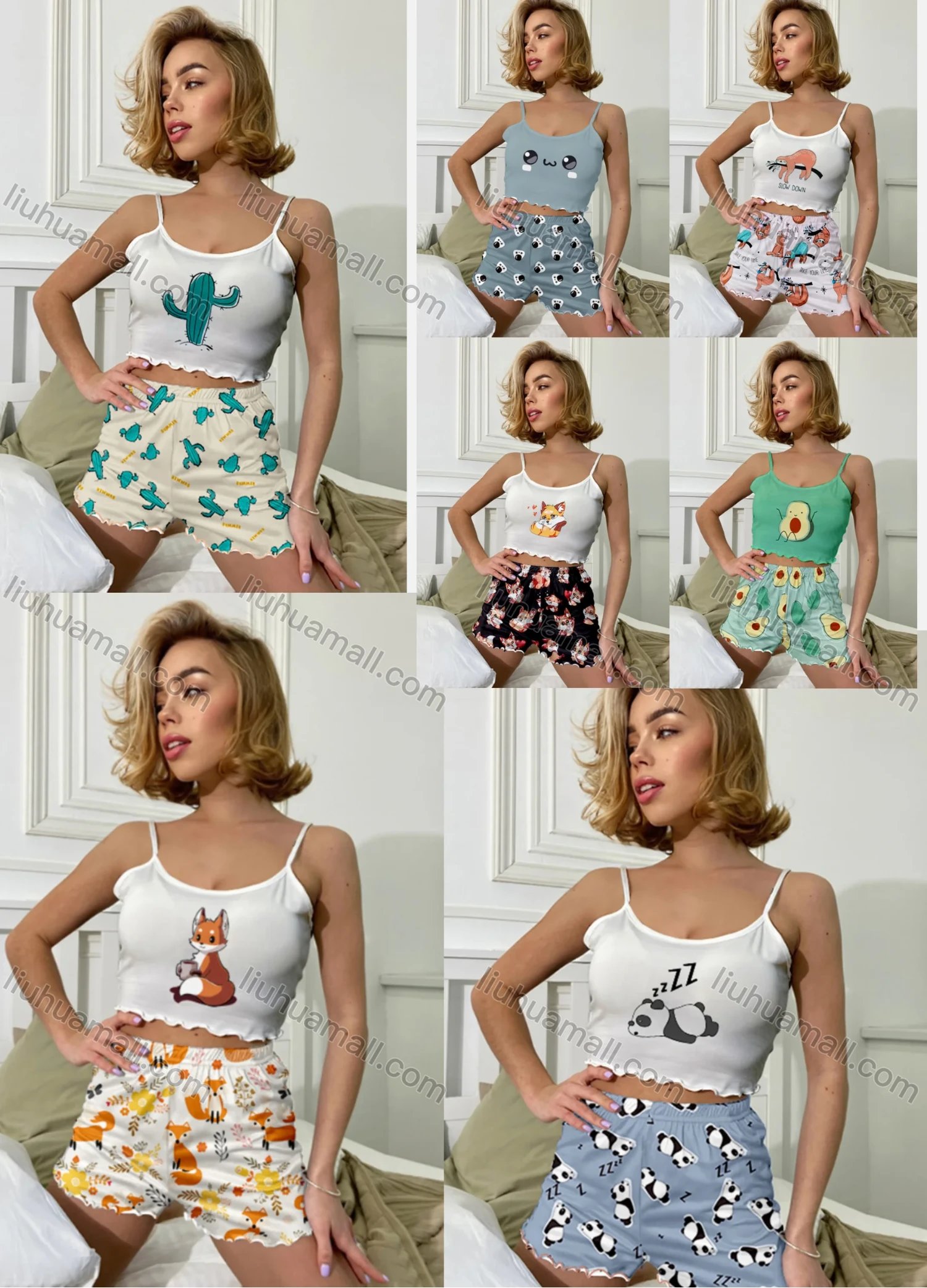 Wholesale Women's Cartoon Graphic Ruffle Trim Crop Cami Top & High Waist Cartoon Print Shorts 2 Piece Pajamas Lounge Set 60101# - Liuhuamall