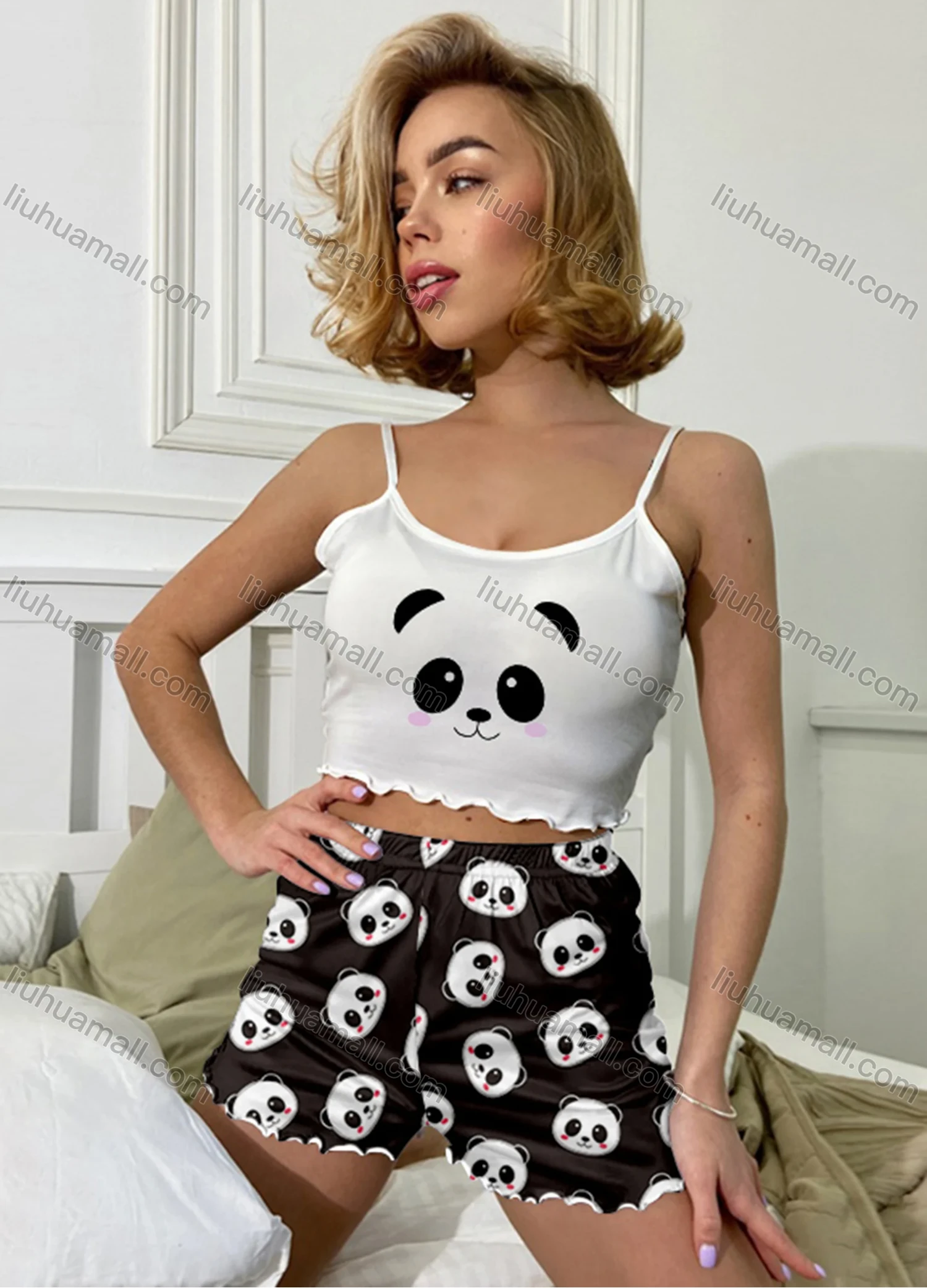 Wholesale Women's Cartoon Graphic Ruffle Trim Crop Cami Top & High Waist Cartoon Print Shorts 2 Piece Pajamas Lounge Set 60101# - Liuhuamall