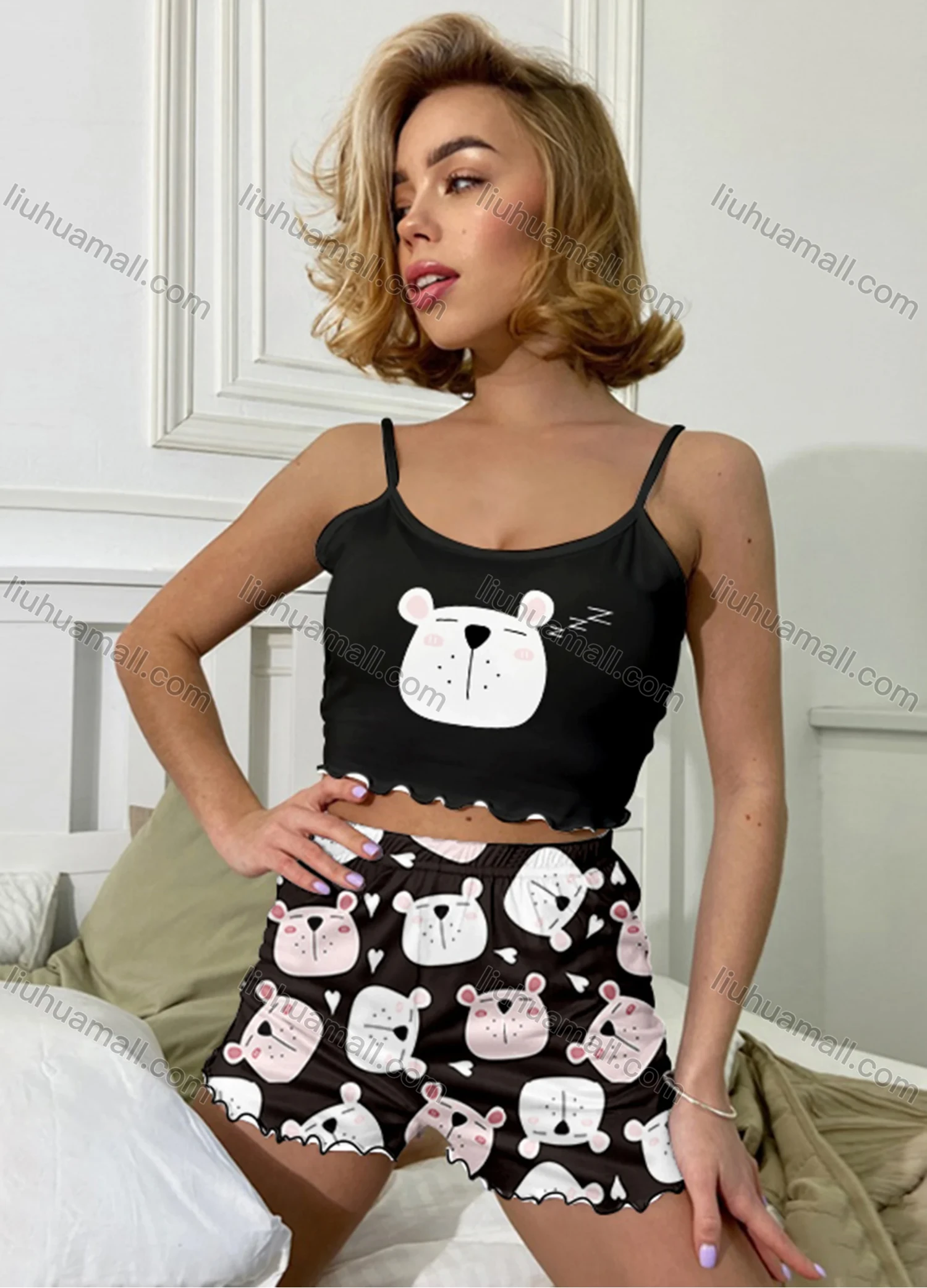 Wholesale Women's Cartoon Graphic Ruffle Trim Crop Cami Top & High Waist Cartoon Print Shorts 2 Piece Pajamas Lounge Set 60101# - Liuhuamall