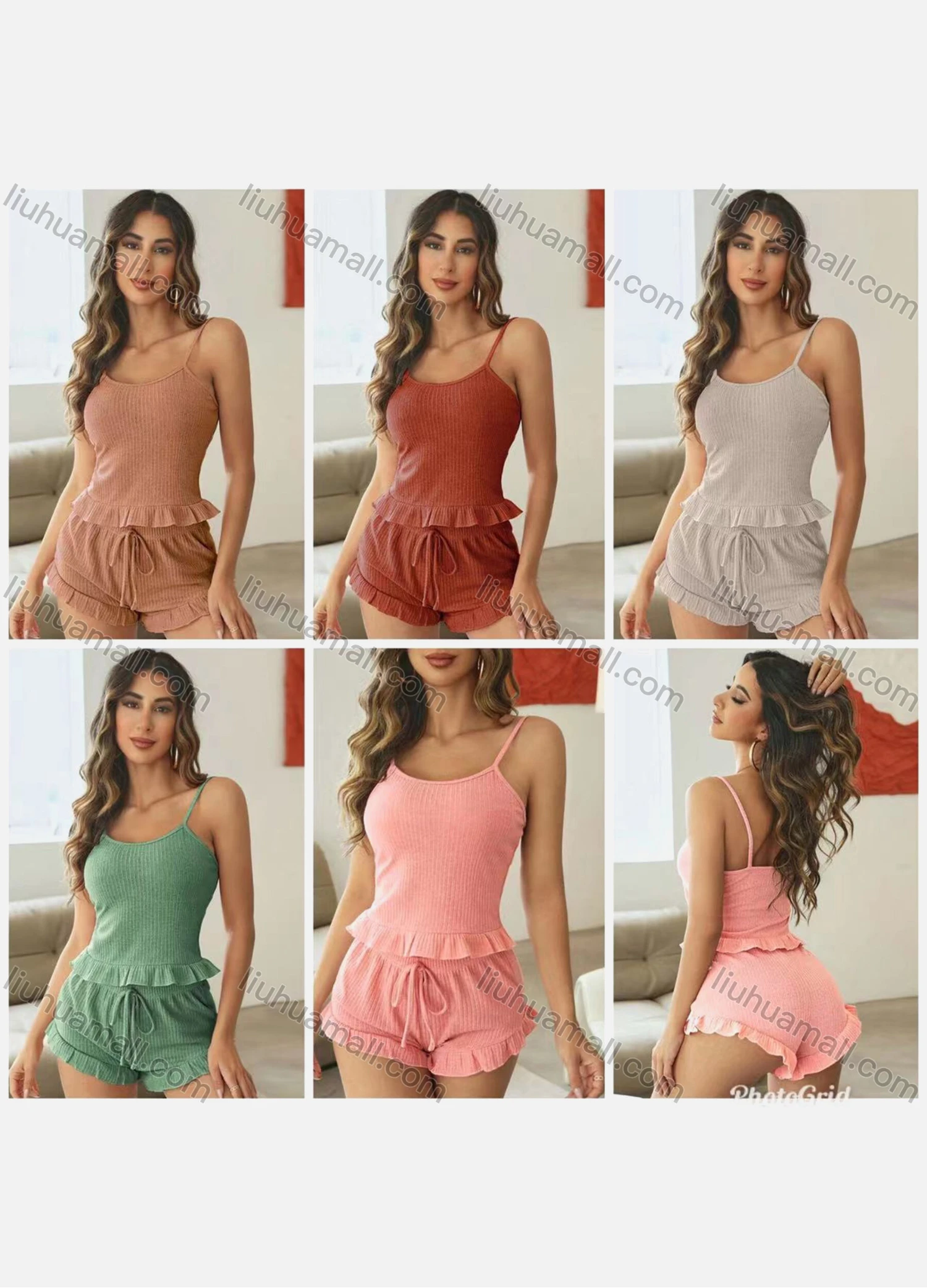 Wholesale Women's Plain Ruffle Trim Cami Top & High Waist Drawstring Shorts 2 Piece Pajamas Lounge Set 60001# - Liuhuamall