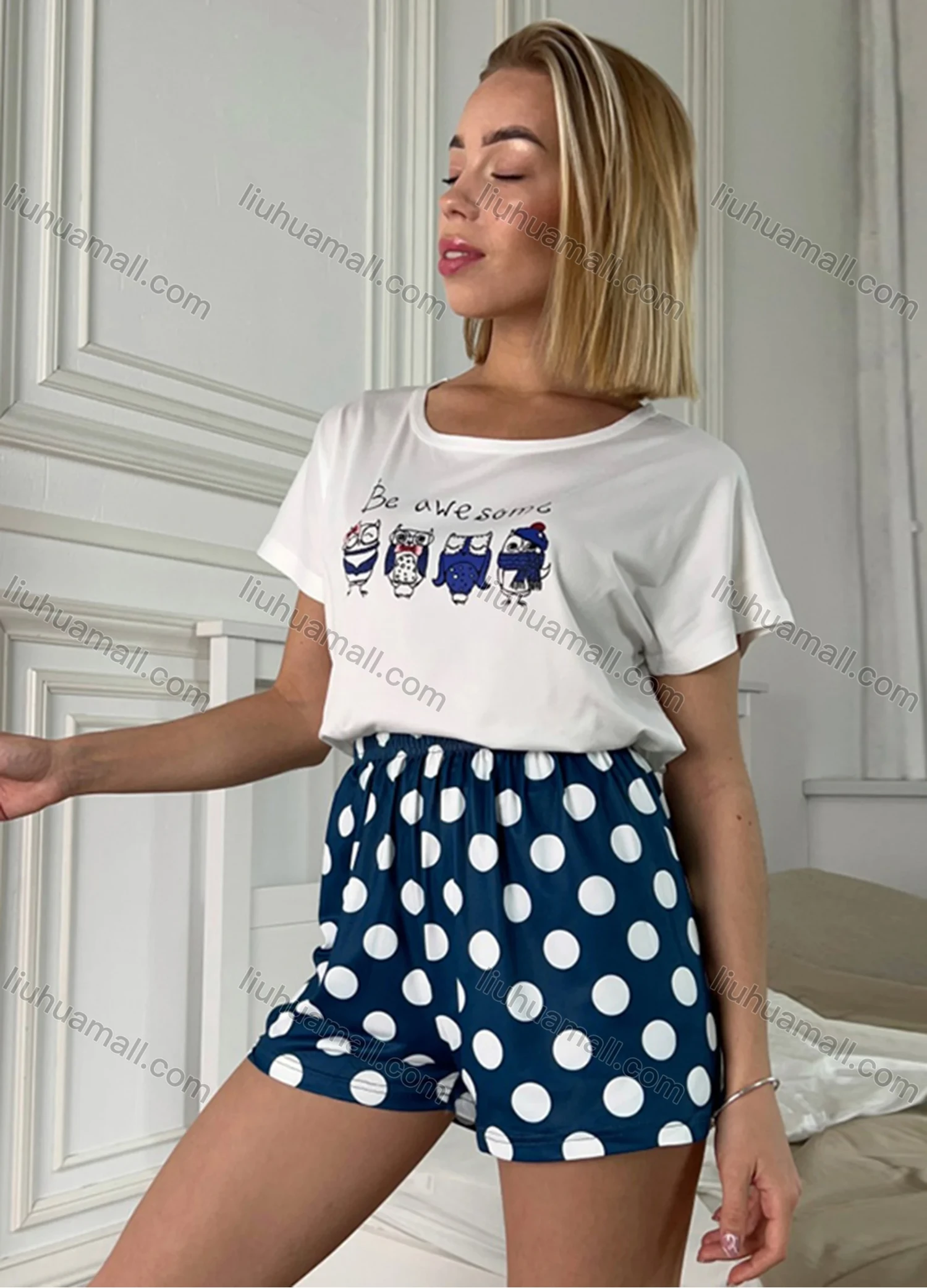 Wholesale Women's Cartoon Graphic Short Sleeve Crop T-shirt & High Waist Cartoon Print Shorts 2 Piece Pajamas Lounge Set 70011# - Liuhuamall