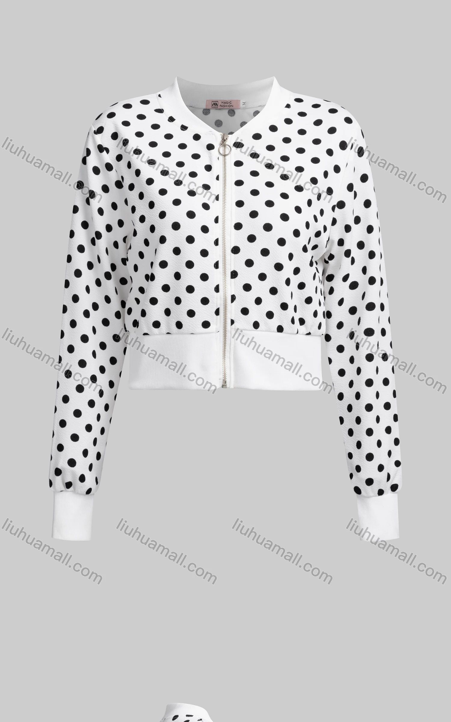 Wholesale Women's Casual Mock Neck Long Sleeve Zip Polka Dot Crop Jacket 6239# - Liuhuamall