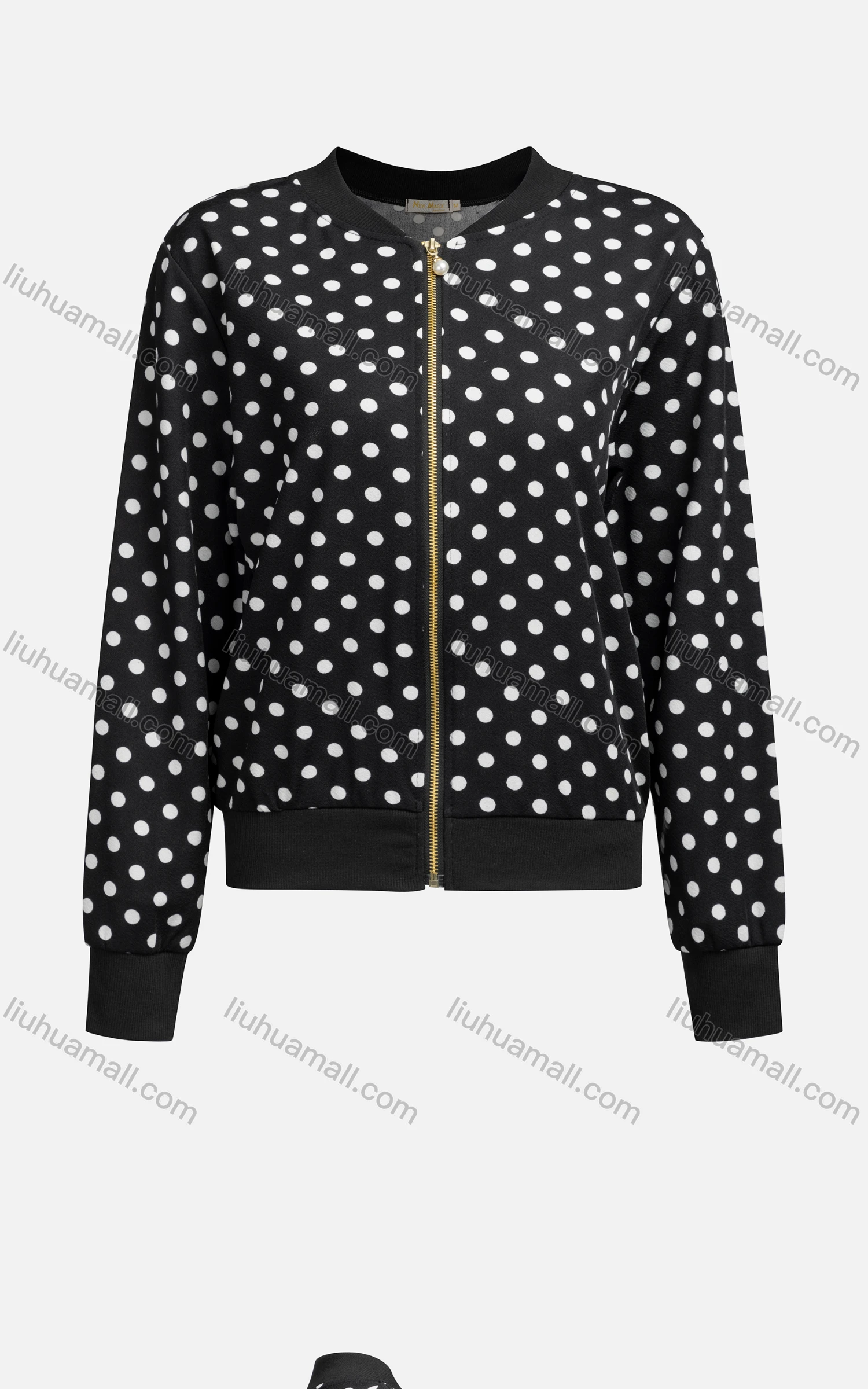 Wholesale Women's Casual Mock Neck Long Sleeve Pearl Zip Polka Dot Jacket 6411# - Liuhuamall