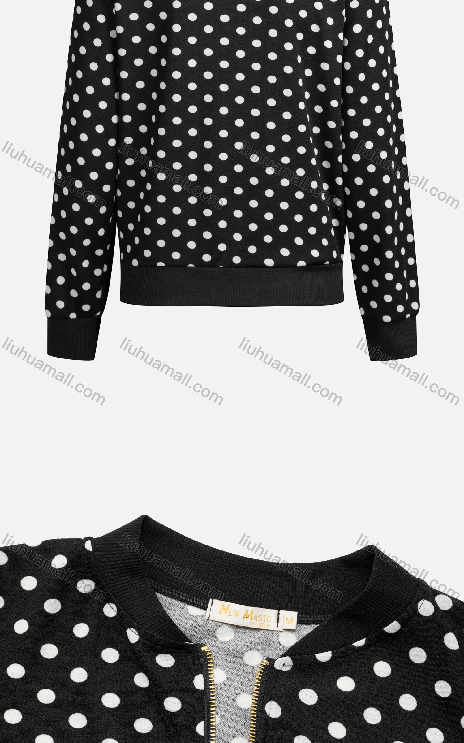 Wholesale Women's Casual Mock Neck Long Sleeve Pearl Zip Polka Dot Jacket 6411# - Liuhuamall