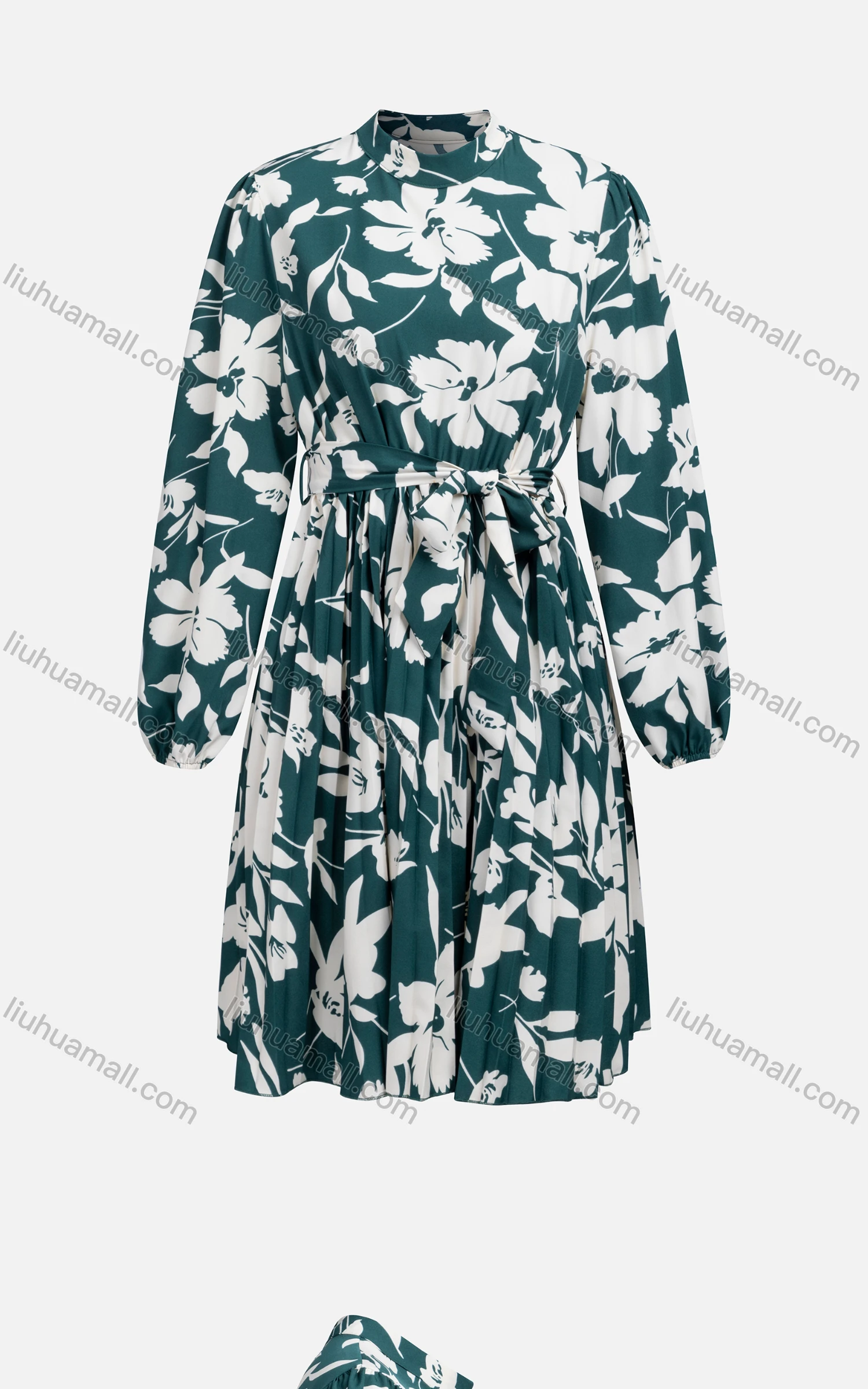 Wholesale Women's Casual Mock Neck Long Sleeve Pleated Floral Print Dress With Belt 7635# - Liuhuamall