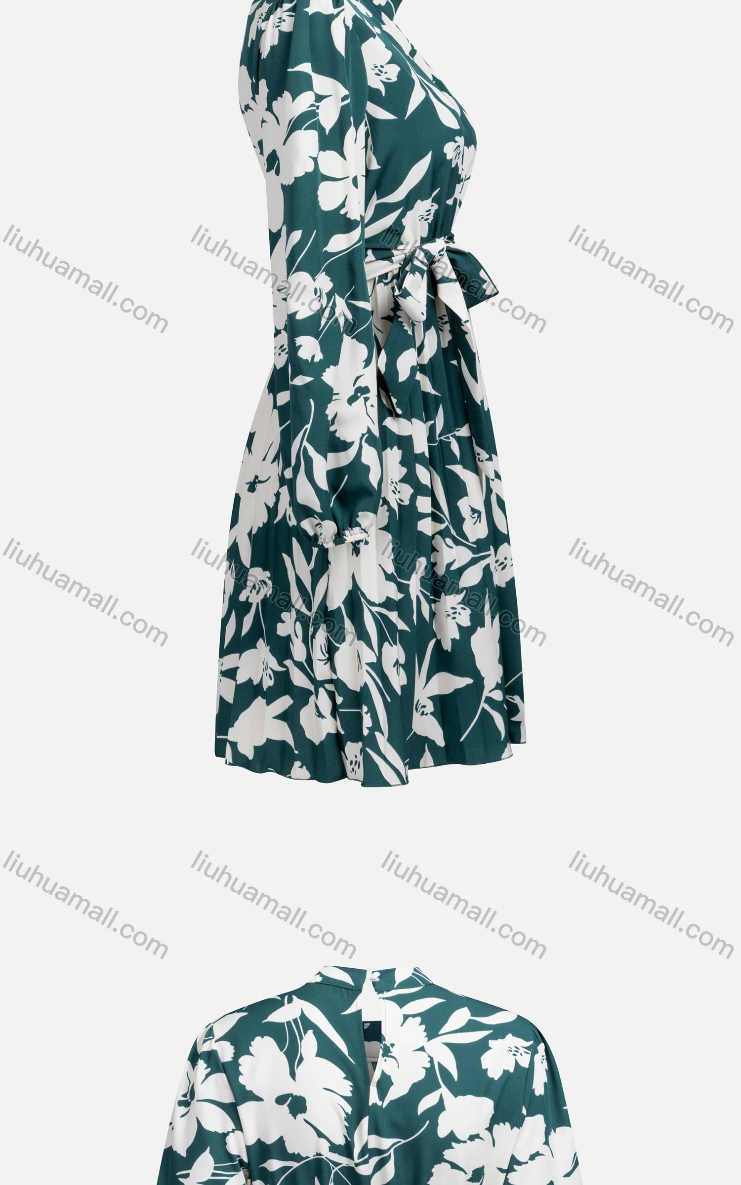 Wholesale Women's Casual Mock Neck Long Sleeve Pleated Floral Print Dress With Belt 7635# - Liuhuamall