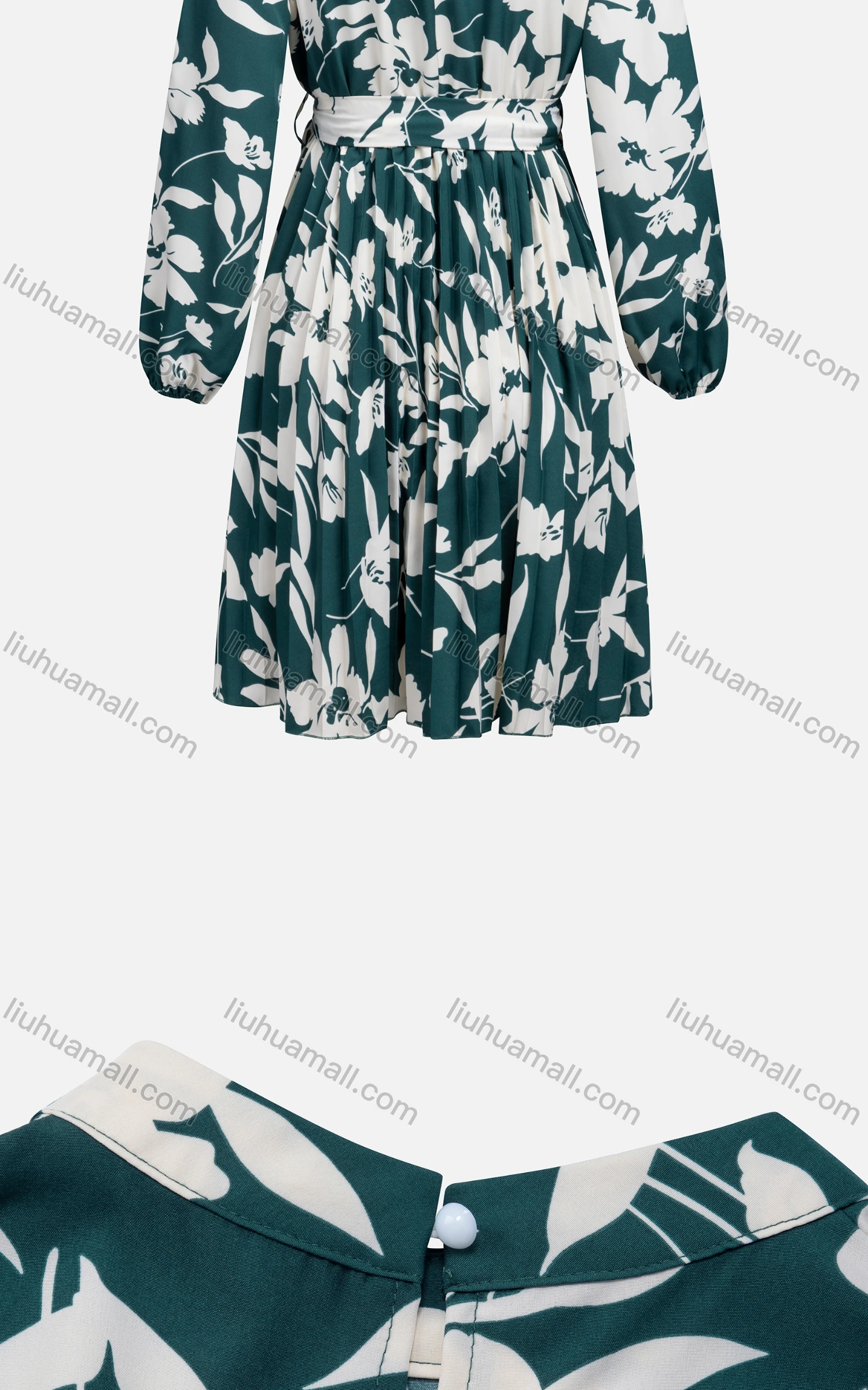 Wholesale Women's Casual Mock Neck Long Sleeve Pleated Floral Print Dress With Belt 7635# - Liuhuamall