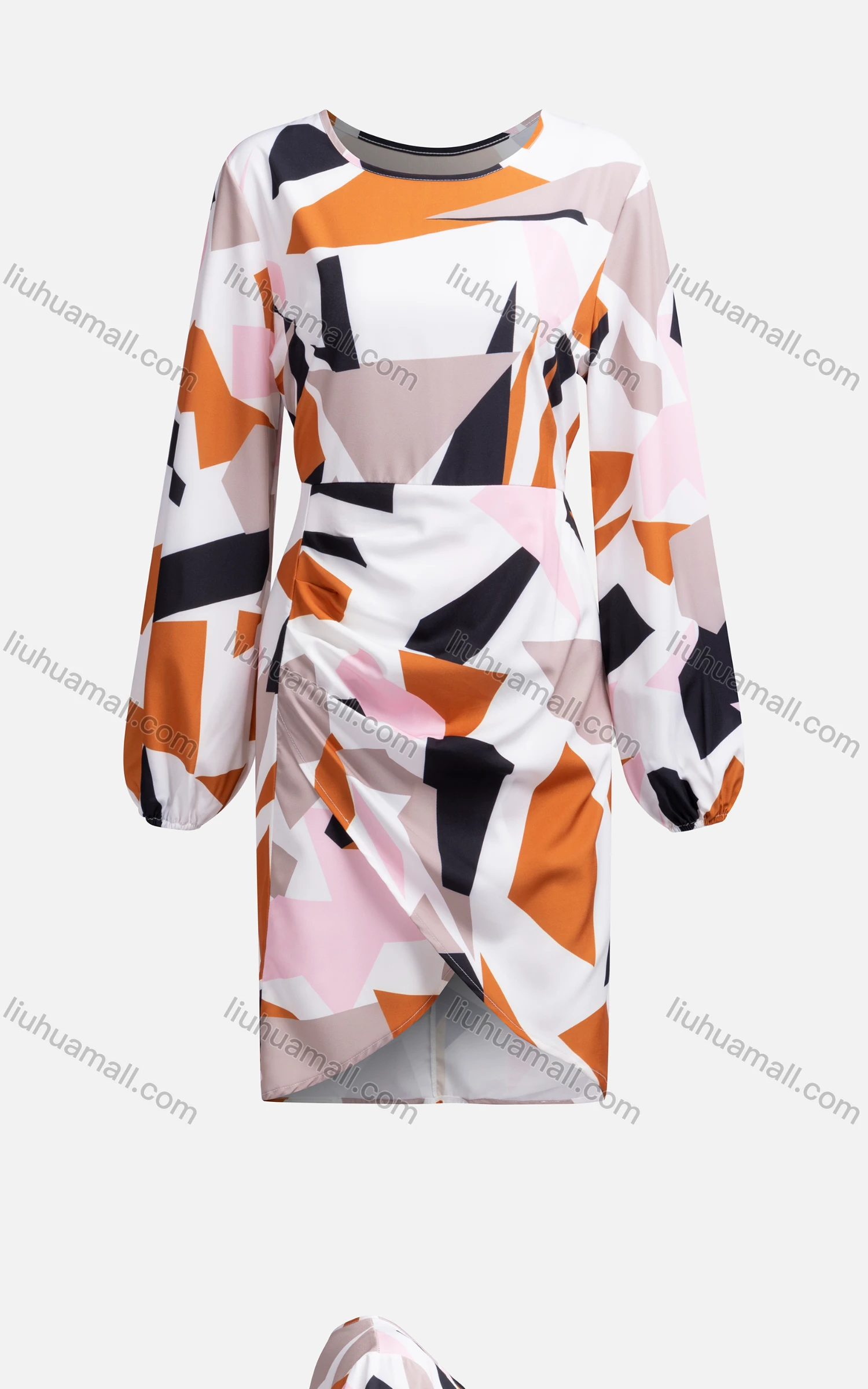 Wholesale Women's Casual Crew Neck Long Sleeve Wrap Hem Colorblock Dress 7705# - Liuhuamall