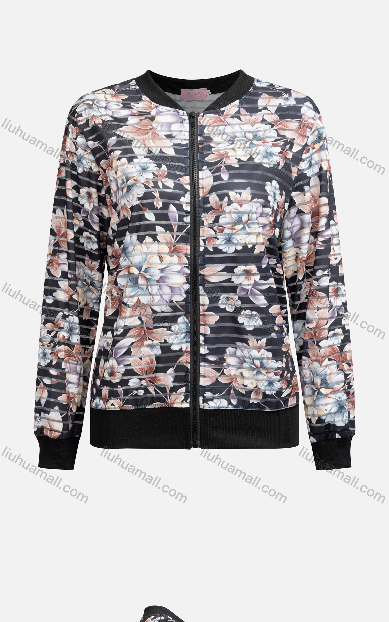 Wholesale Women's Casual Mock Neck Long Sleeve Zip Floral Print Striped Jacket 6446# - Liuhuamall