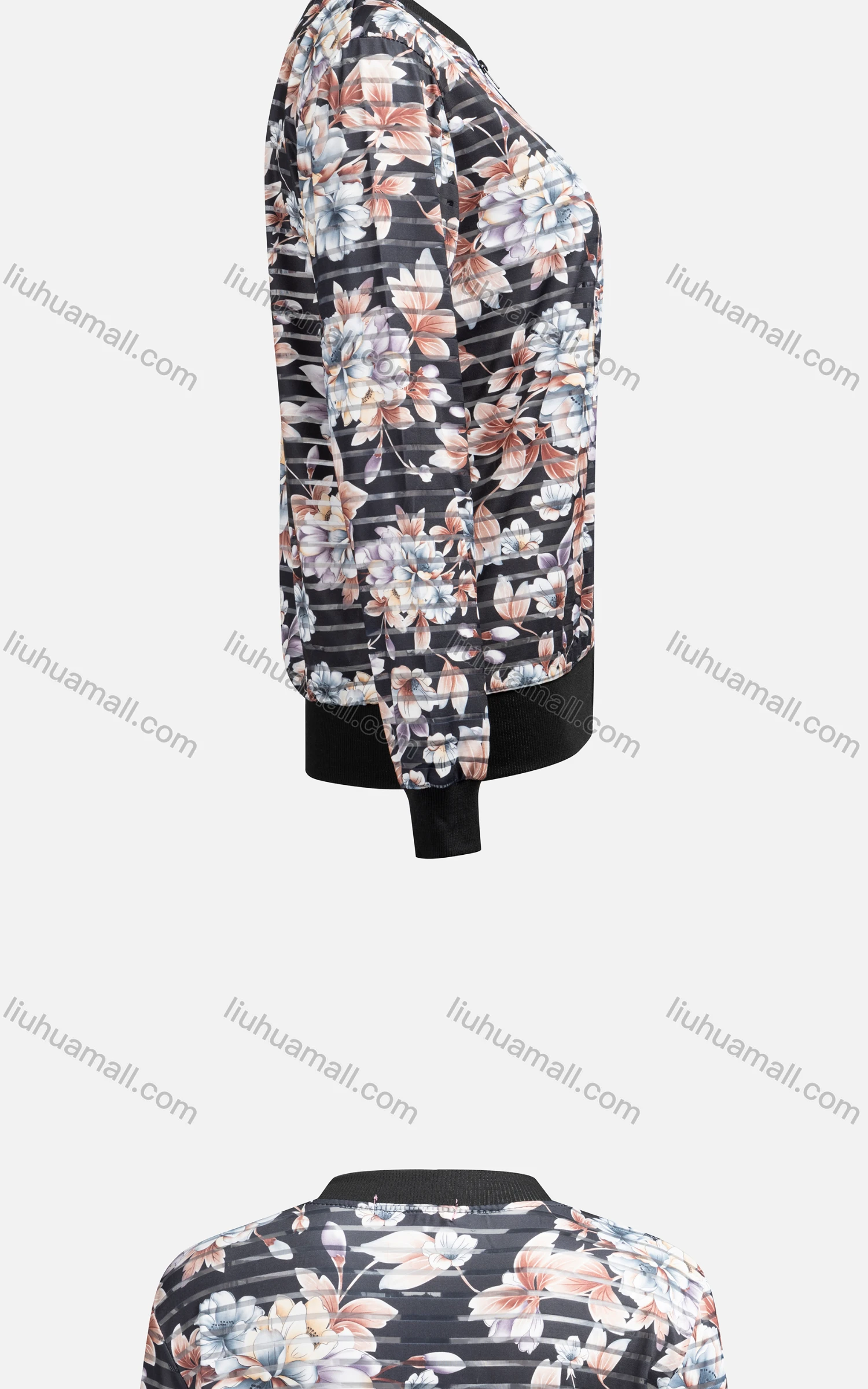 Wholesale Women's Casual Mock Neck Long Sleeve Zip Floral Print Striped Jacket 6446# - Liuhuamall