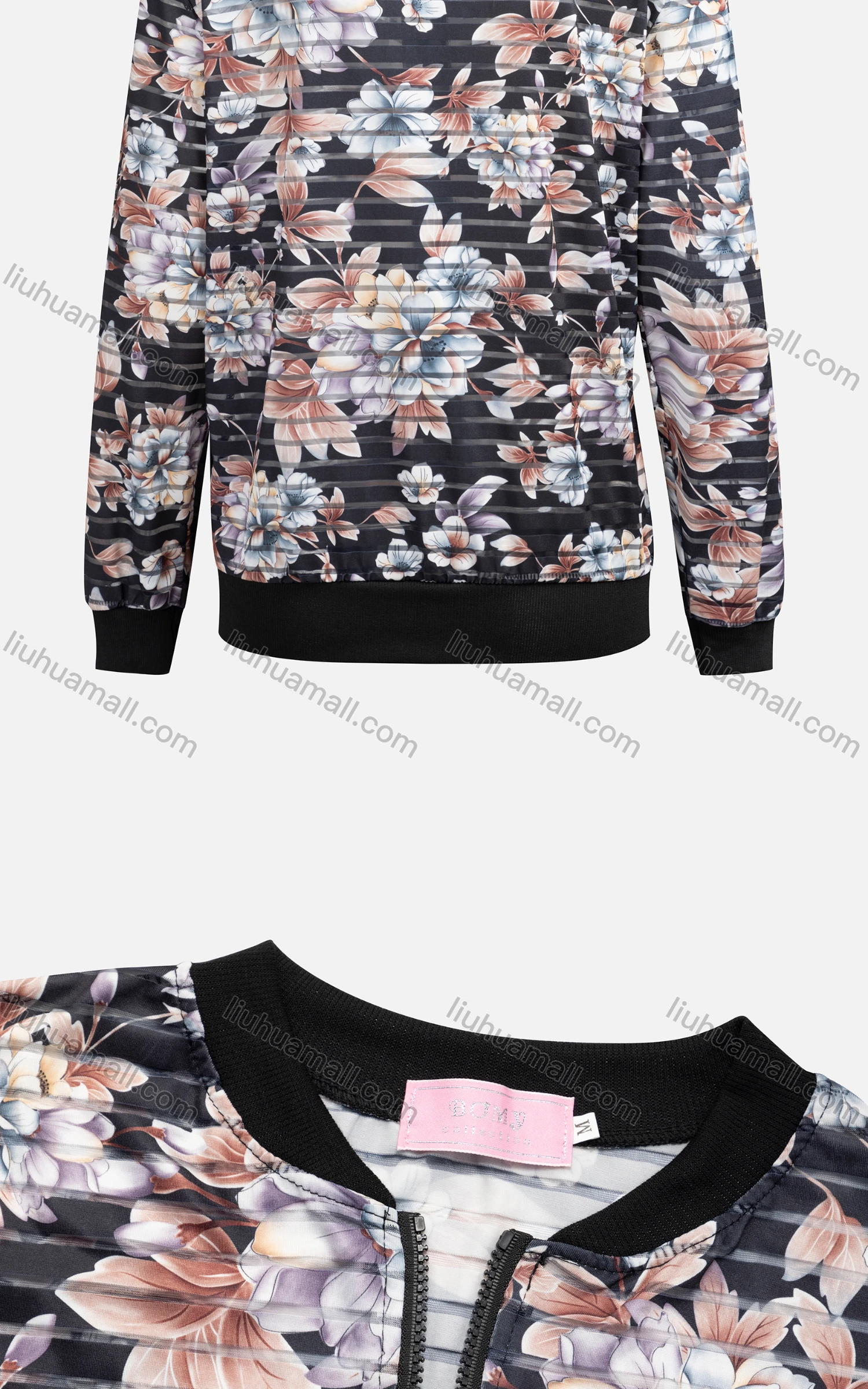Wholesale Women's Casual Mock Neck Long Sleeve Zip Floral Print Striped Jacket 6446# - Liuhuamall