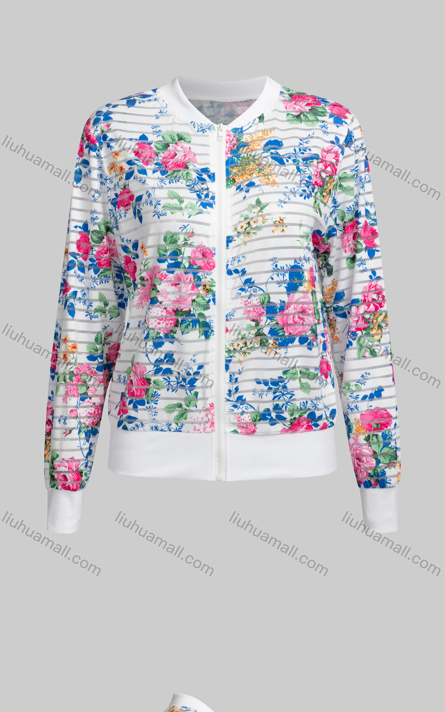Wholesale Women's Casual Mock Neck Long Sleeve Zip Floral Print Striped Jacket 64345# - Liuhuamall