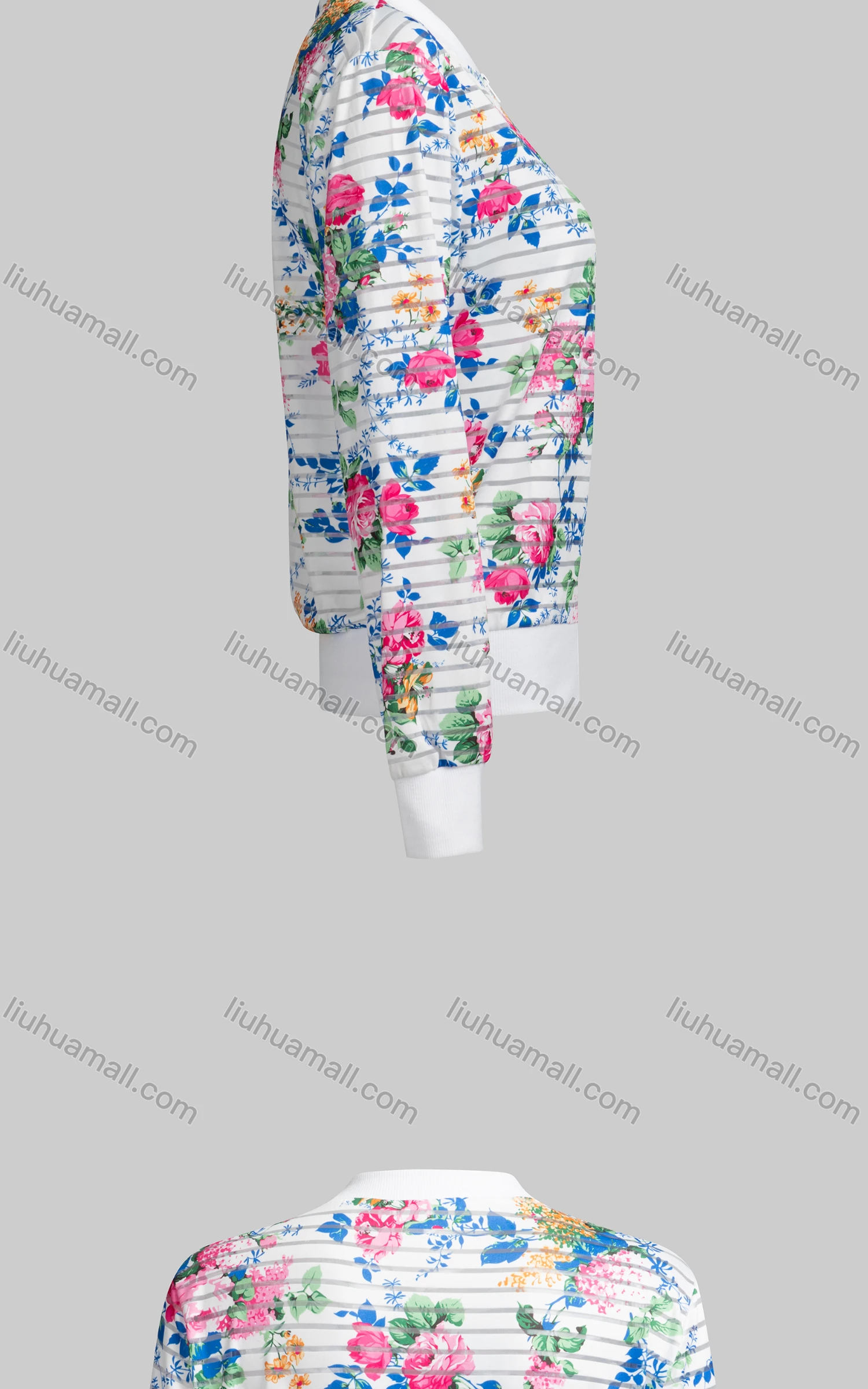 Wholesale Women's Casual Mock Neck Long Sleeve Zip Floral Print Striped Jacket 64345# - Liuhuamall