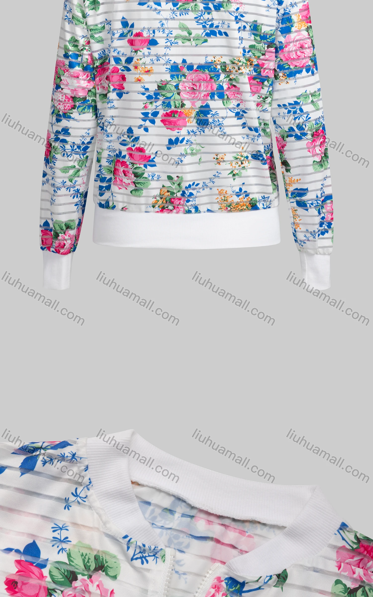 Wholesale Women's Casual Mock Neck Long Sleeve Zip Floral Print Striped Jacket 64345# - Liuhuamall