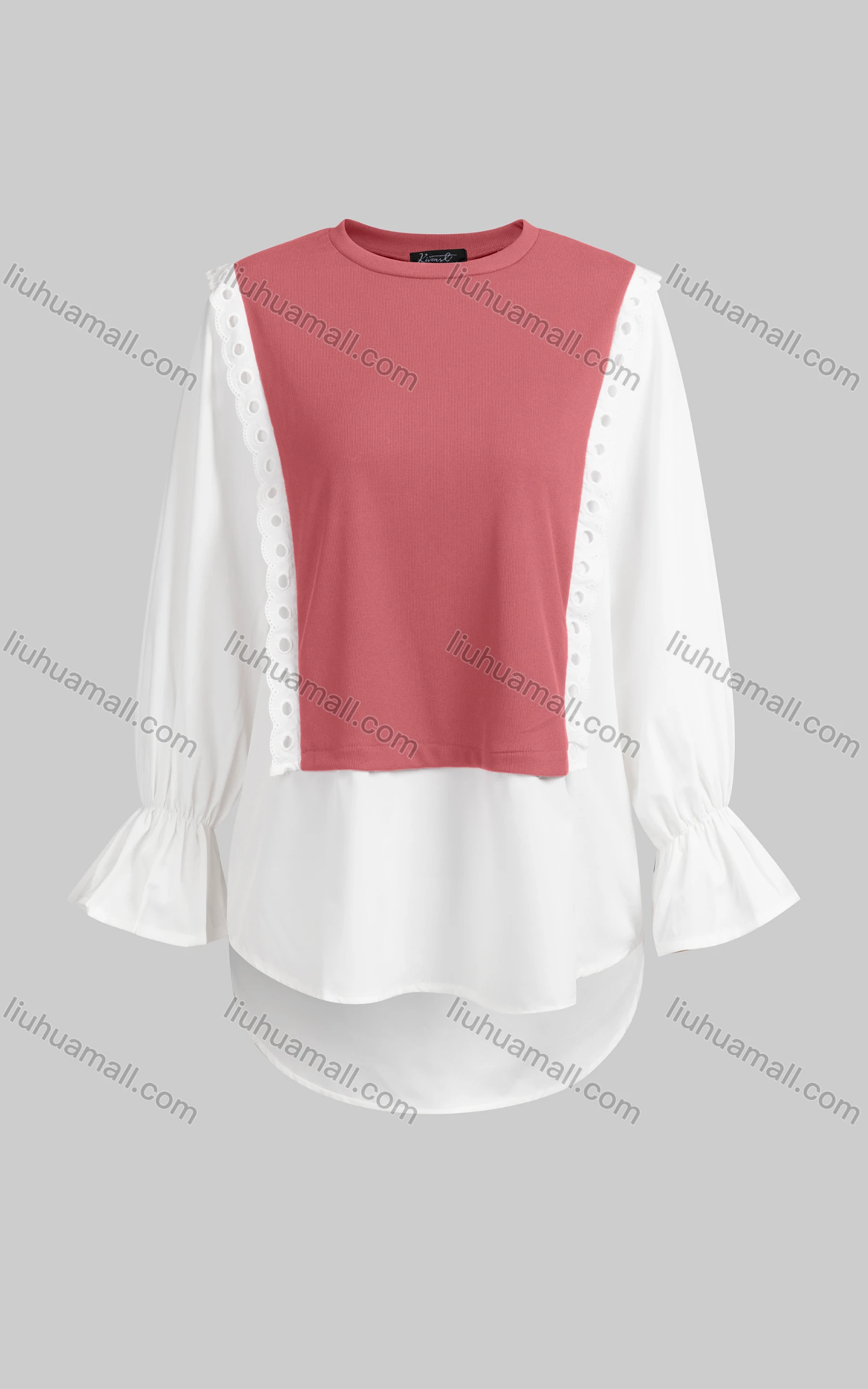 Wholesale Women's Casual Crew Neck Poet Sleeve Lace Knit Splicing Blouse 6733# - Liuhuamall