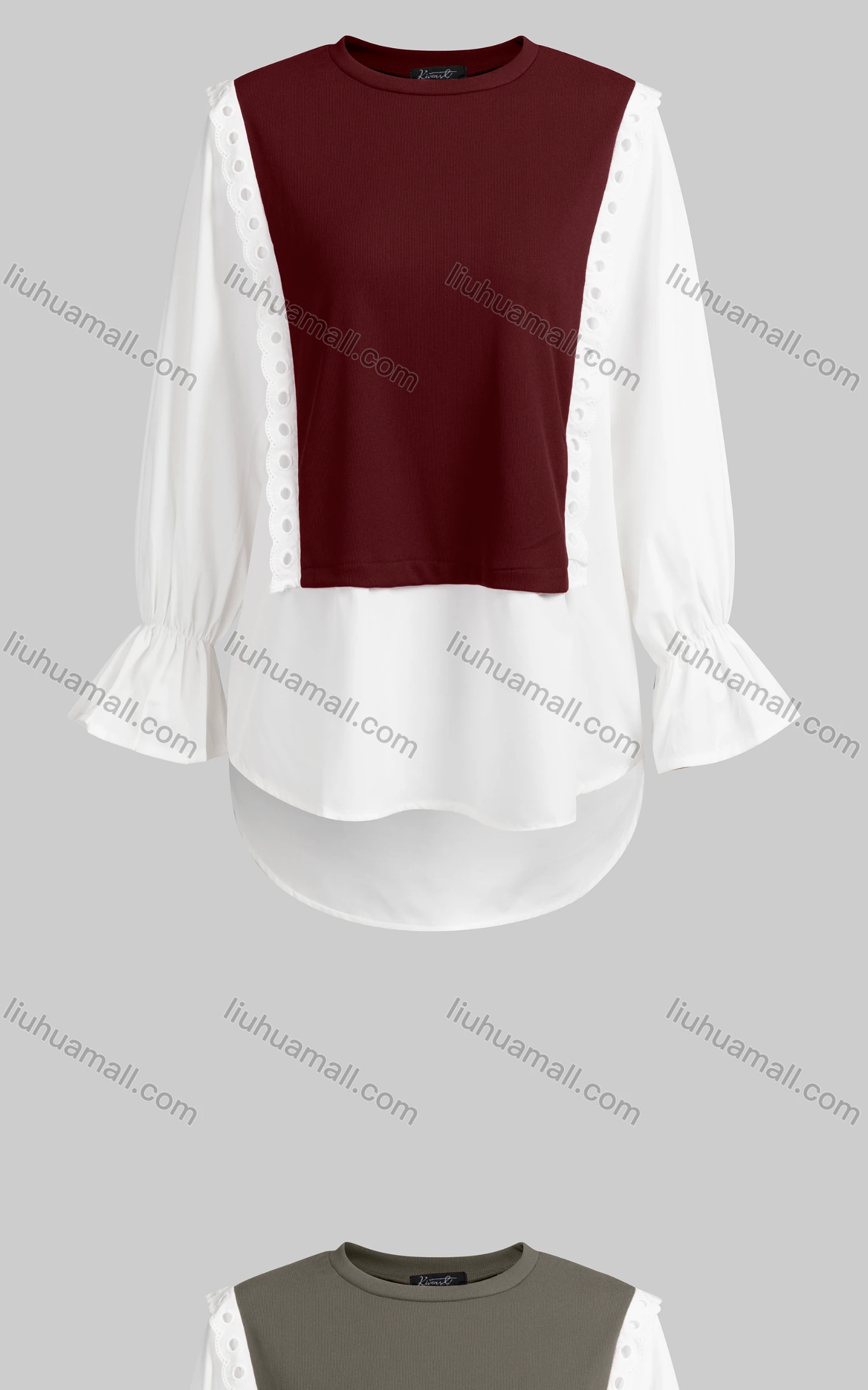 Wholesale Women's Casual Crew Neck Poet Sleeve Lace Knit Splicing Blouse 6733# - Liuhuamall