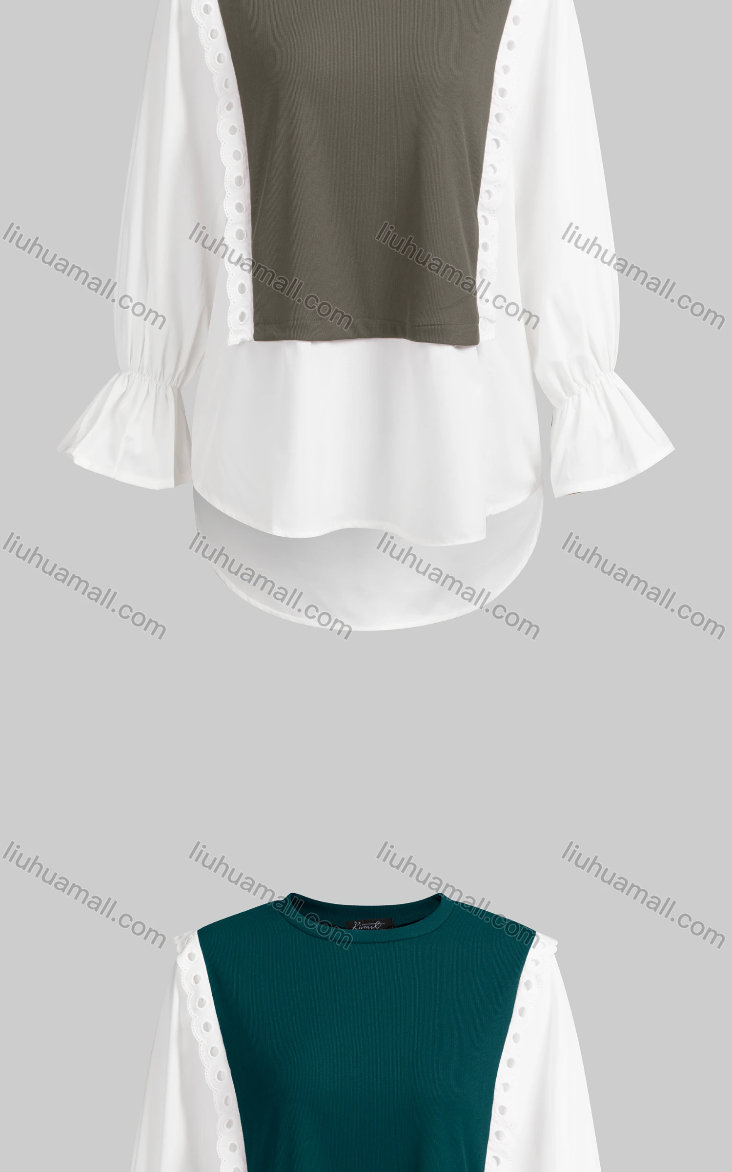 Wholesale Women's Casual Crew Neck Poet Sleeve Lace Knit Splicing Blouse 6733# - Liuhuamall