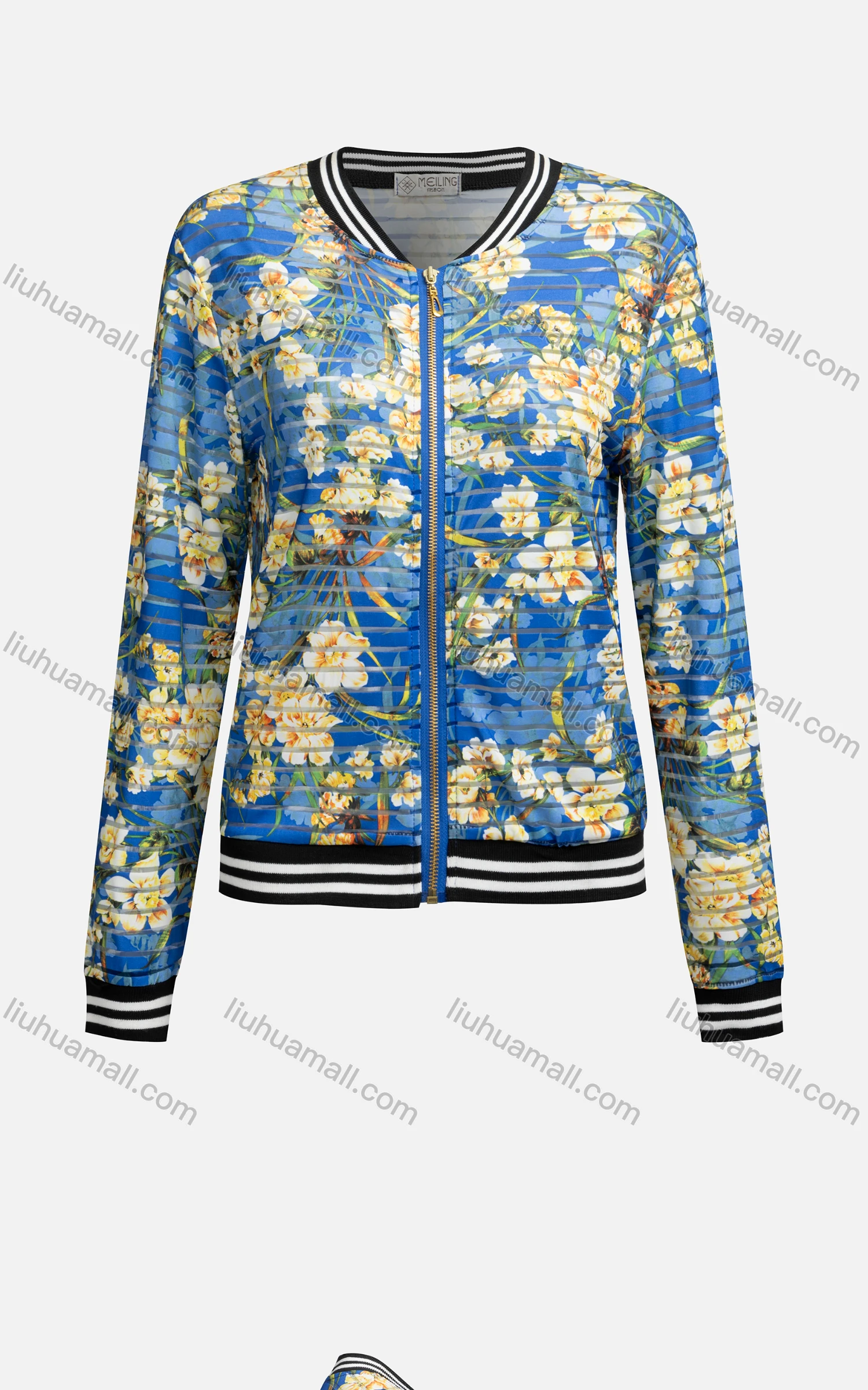Wholesale Women's Casual Mock Neck Long Sleeve Zip Floral Print Striped Jacket 6467# - Liuhuamall
