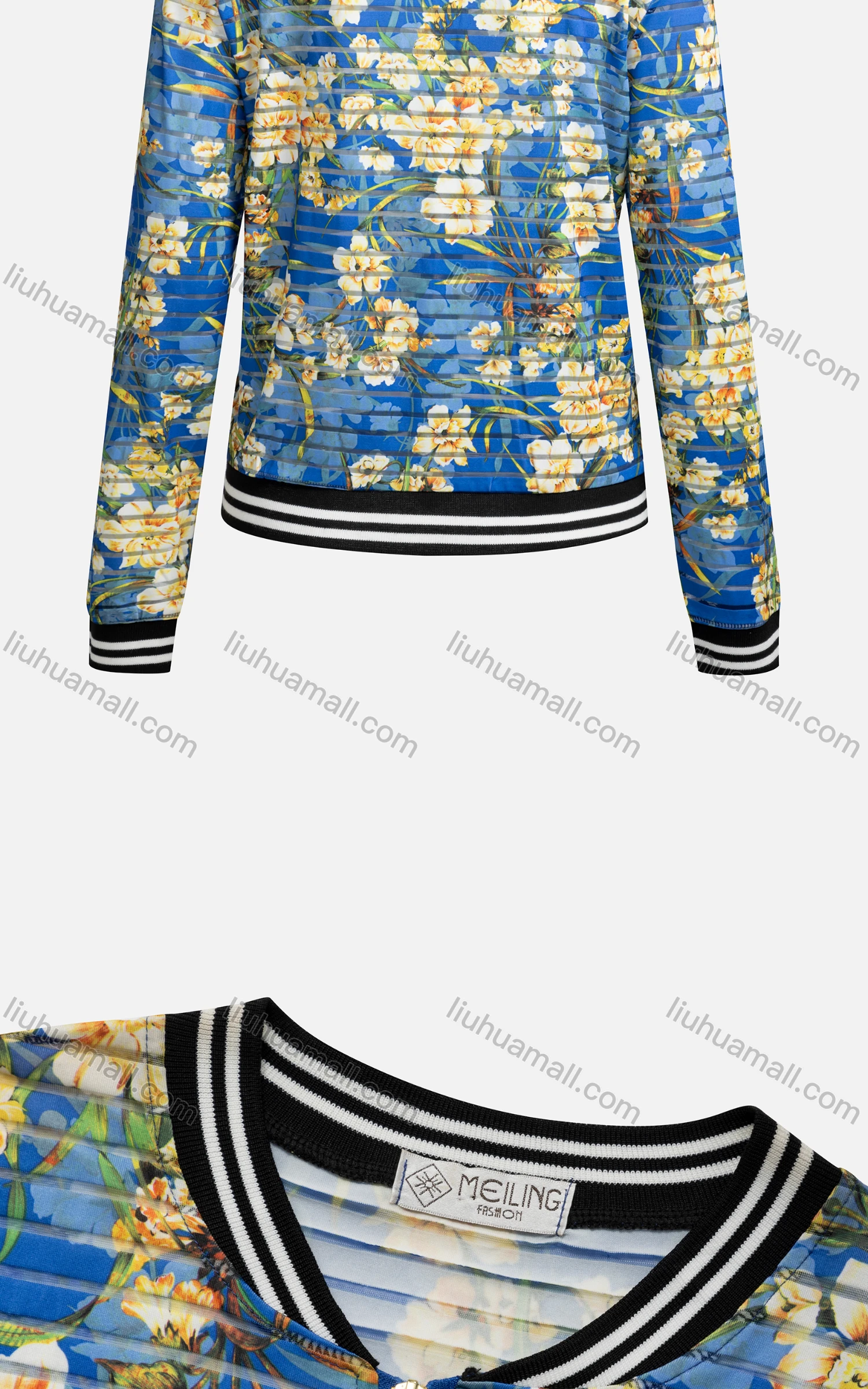 Wholesale Women's Casual Mock Neck Long Sleeve Zip Floral Print Striped Jacket 6467# - Liuhuamall