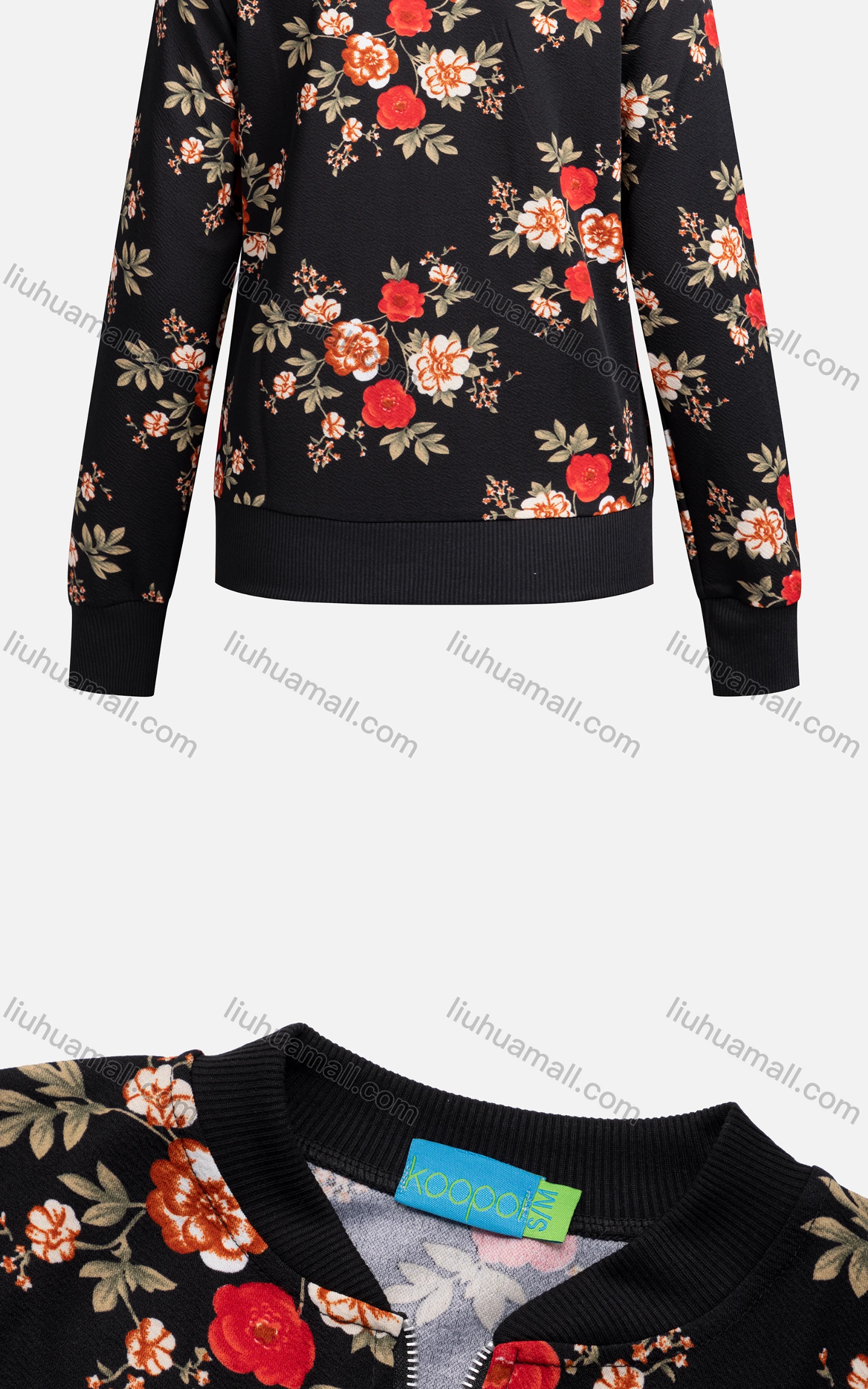 Wholesale Women's Casual Mock Neck Long Sleeve Zip Floral Print Jacket 6362# - Liuhuamall