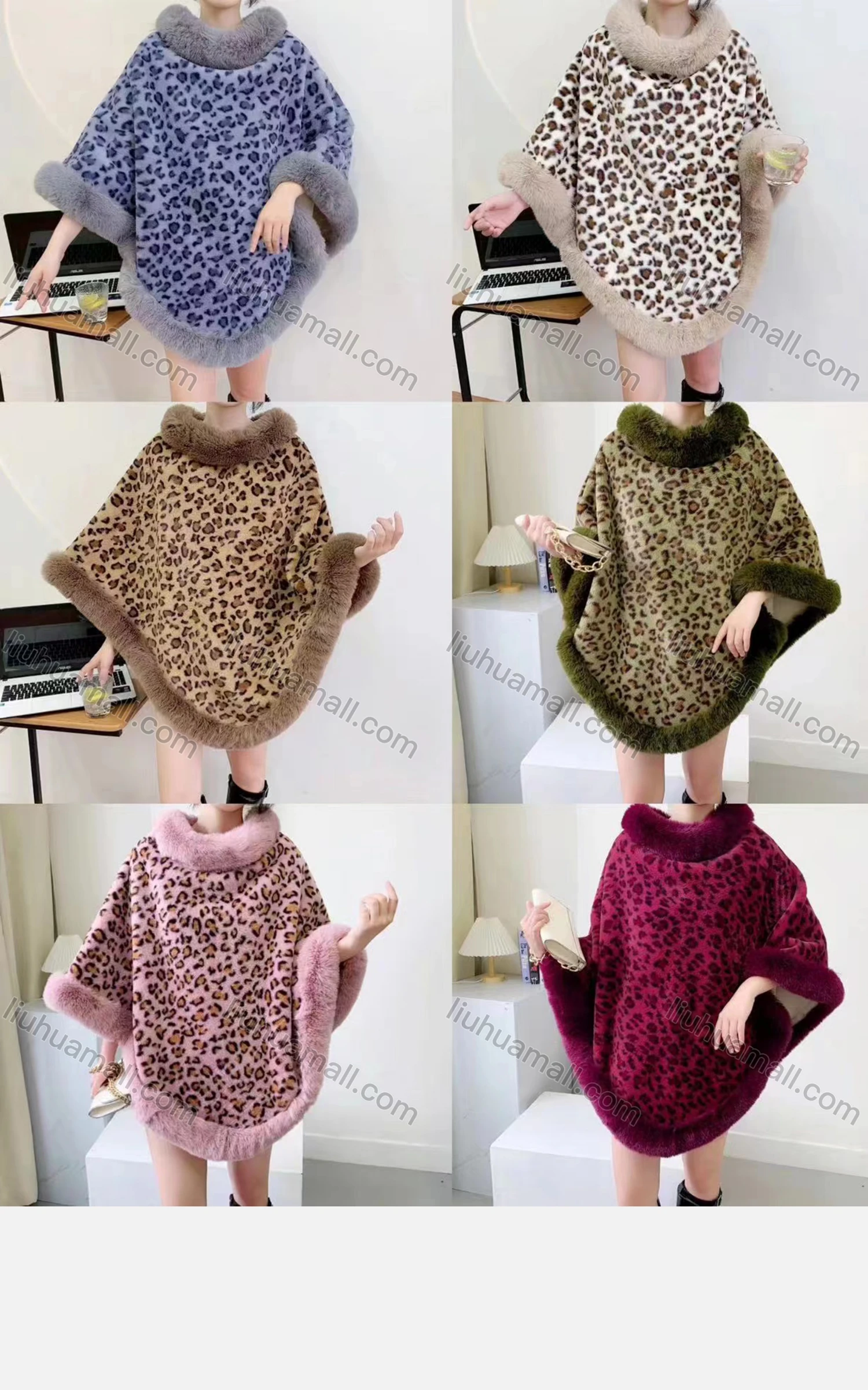 Wholesale Women's Fashion Causal Fuzzy Collar Thermal Leopard Cape - Liuhuamall