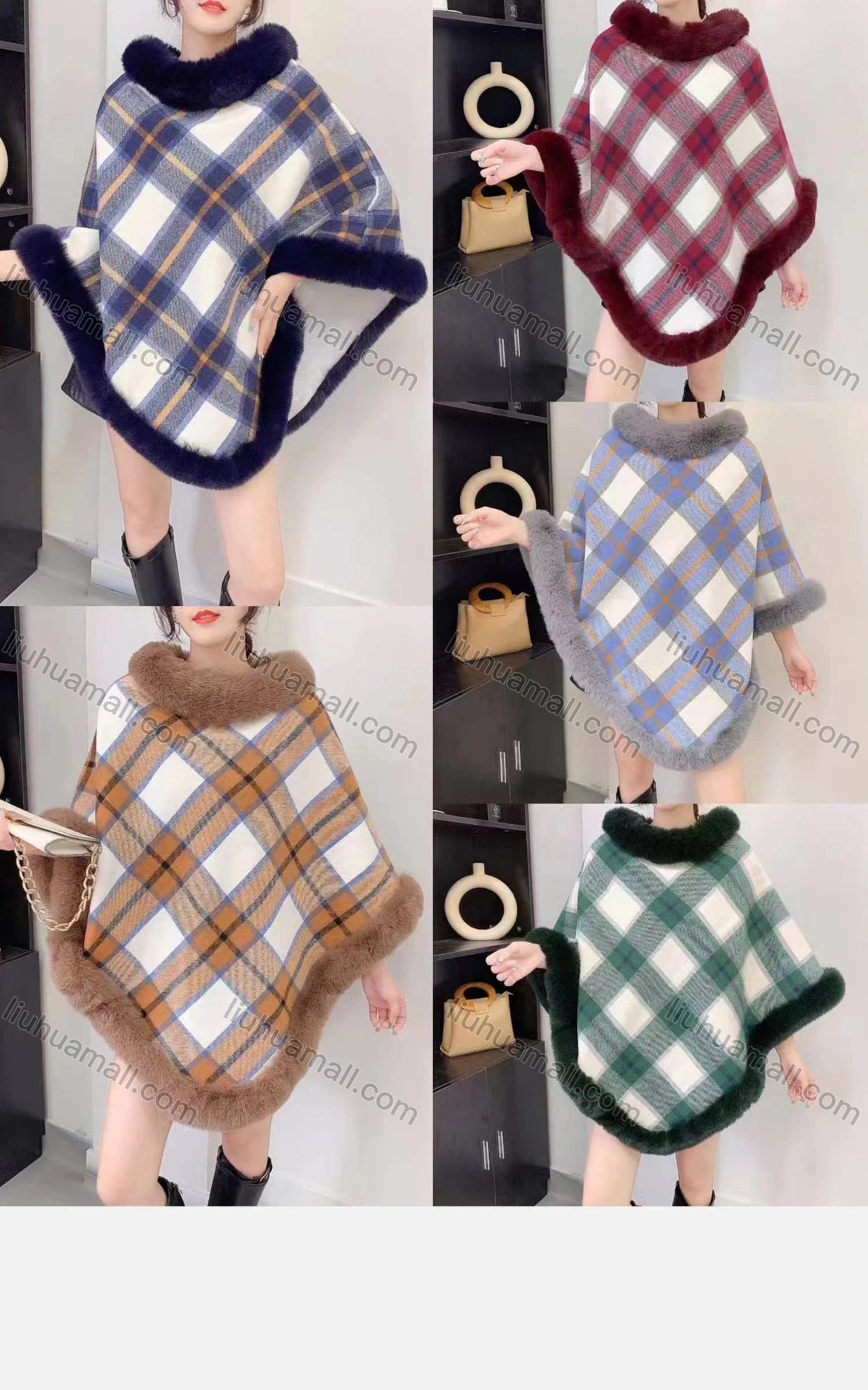 Wholesale Women's Fashion Causal Fuzzy Collar Thermal Gingham Cape - Liuhuamall