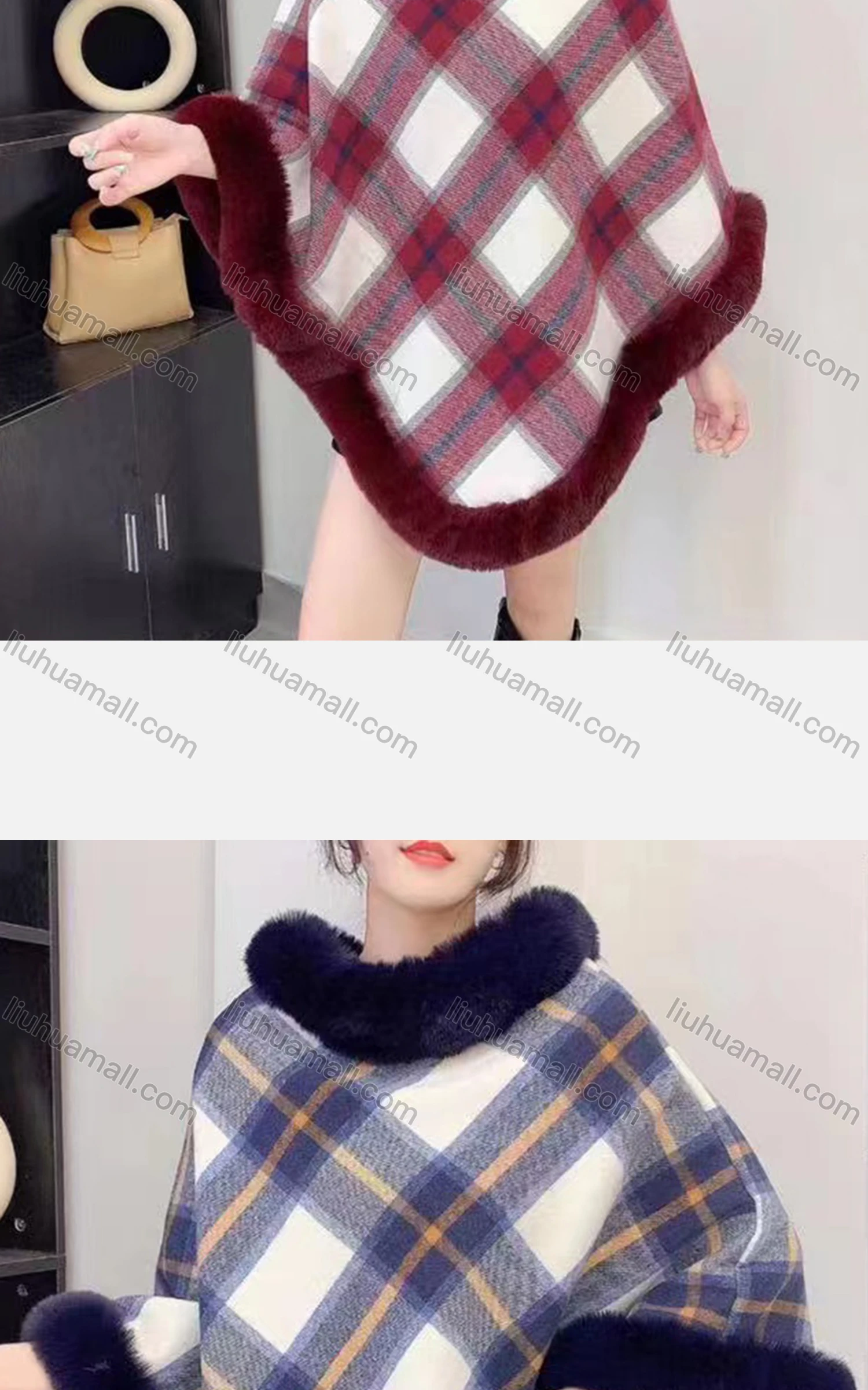 Wholesale Women's Fashion Causal Fuzzy Collar Thermal Gingham Cape - Liuhuamall