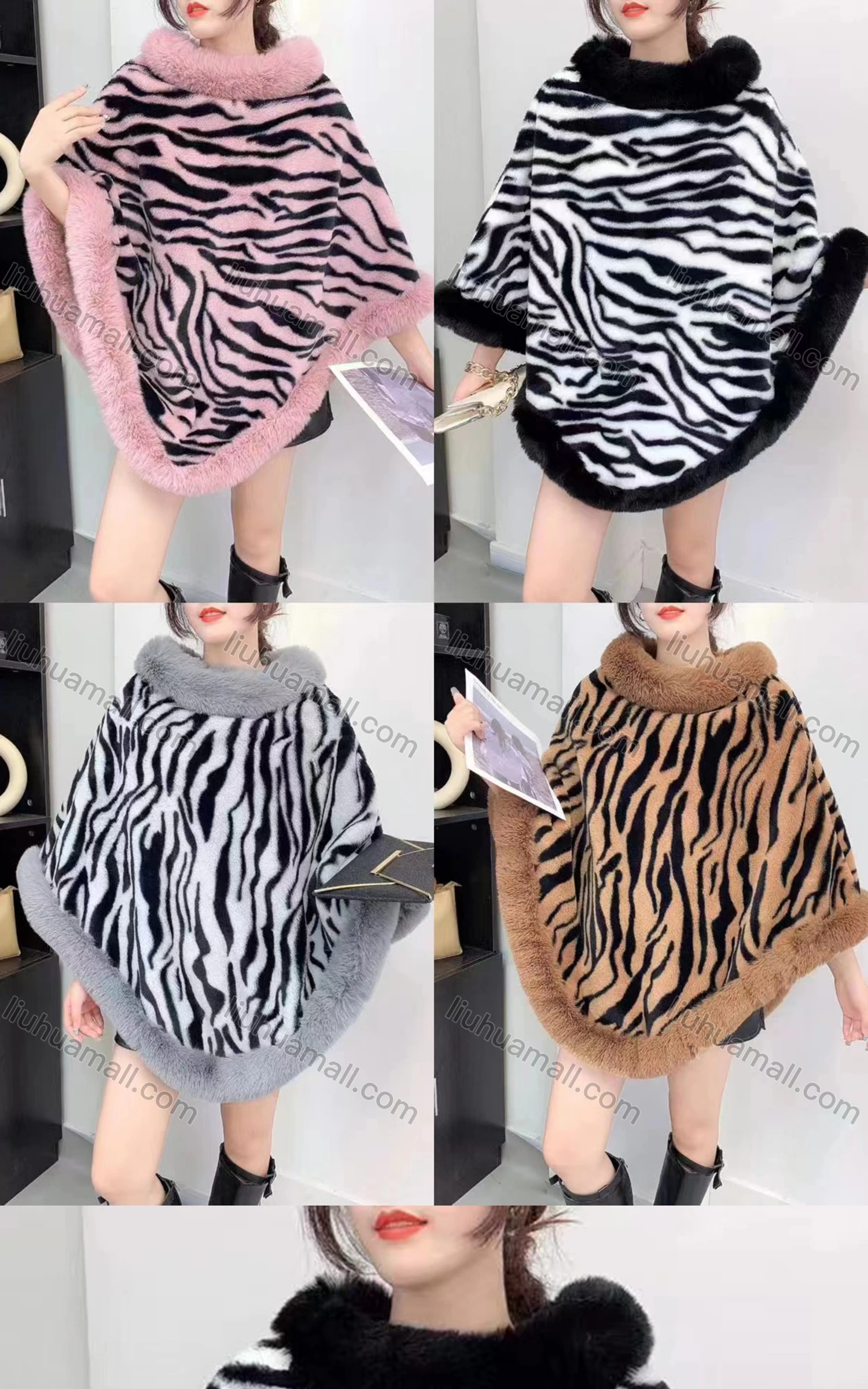 Wholesale Women's Fashion Causal Fuzzy Collar Thermal Zebra Stripe Cape - Liuhuamall