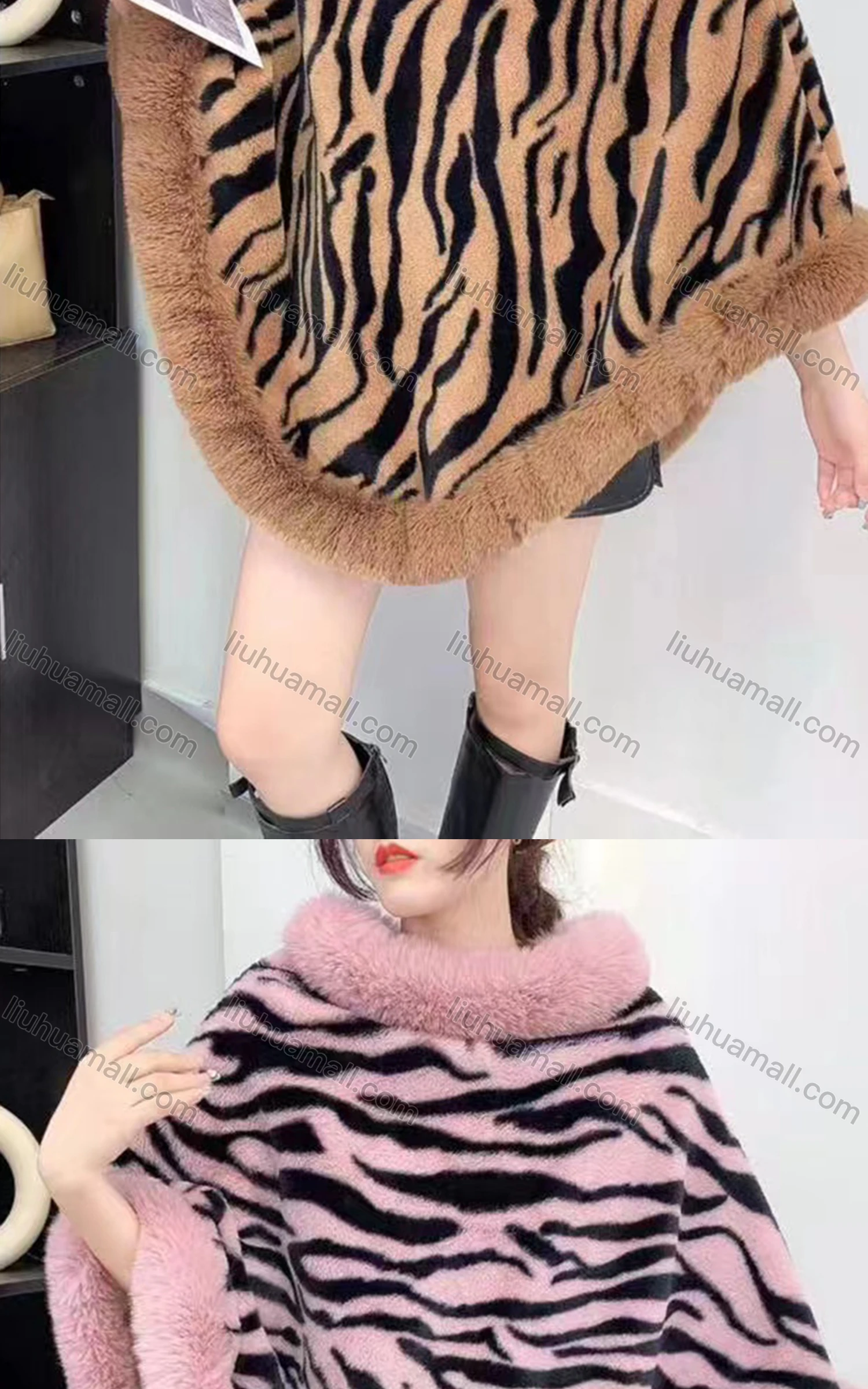Wholesale Women's Fashion Causal Fuzzy Collar Thermal Zebra Stripe Cape - Liuhuamall
