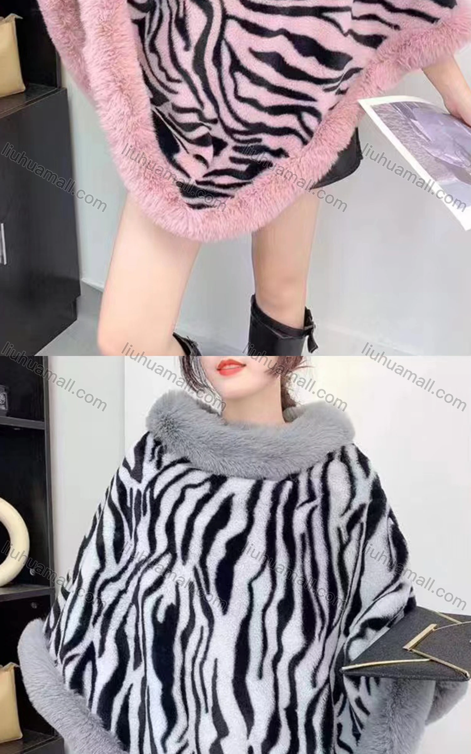 Wholesale Women's Fashion Causal Fuzzy Collar Thermal Zebra Stripe Cape - Liuhuamall