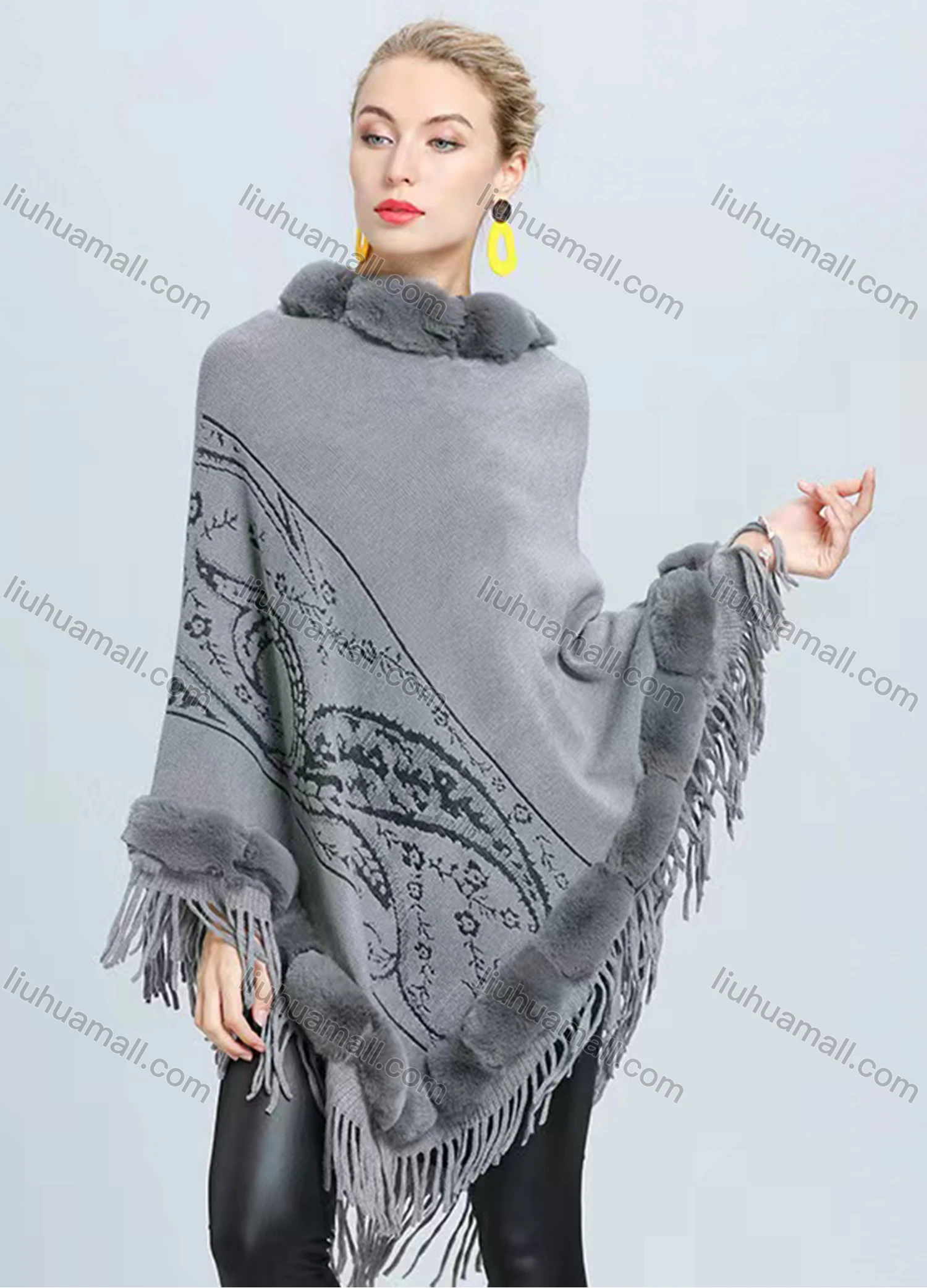 Wholesale Women's Fashion Causal Fuzzy Collar Thermal Floral Tassel Cape - Liuhuamall