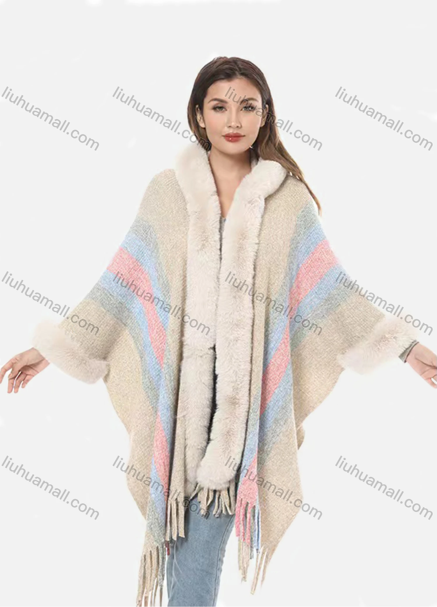 Wholesale Women's Fashion Causal Fuzzy Collar Thermal Splicing Color Tassel Cape - Liuhuamall