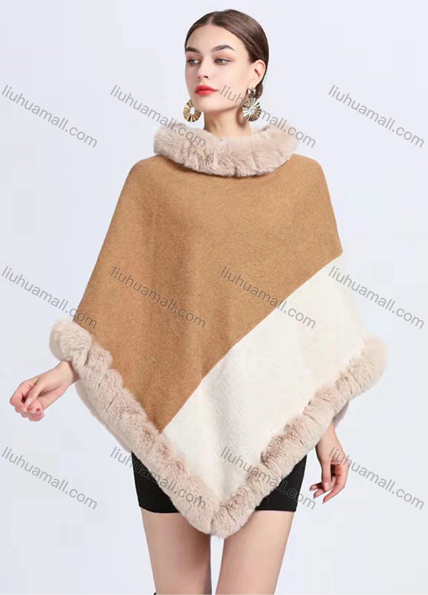 Wholesale Women's Fashion Causal Fuzzy Collar Thermal Splicing Color Cape - Liuhuamall