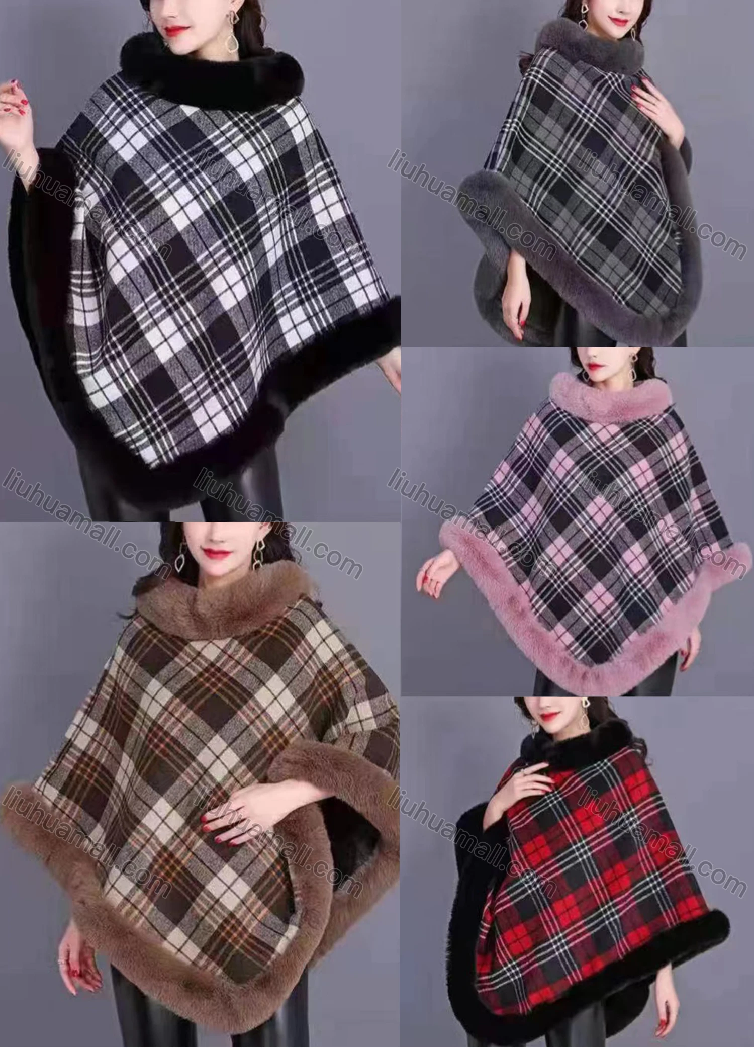 Wholesale Women's Fashion Causal Fuzzy Collar Thermal Gingham Cape - Liuhuamall